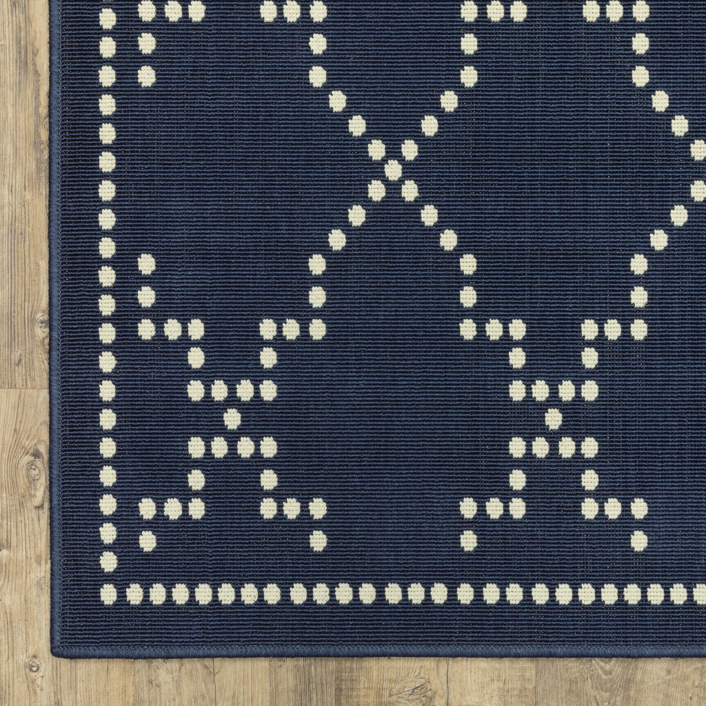 2' X 8' Blue and Ivory Geometric Stain Resistant Indoor Outdoor Area Rug