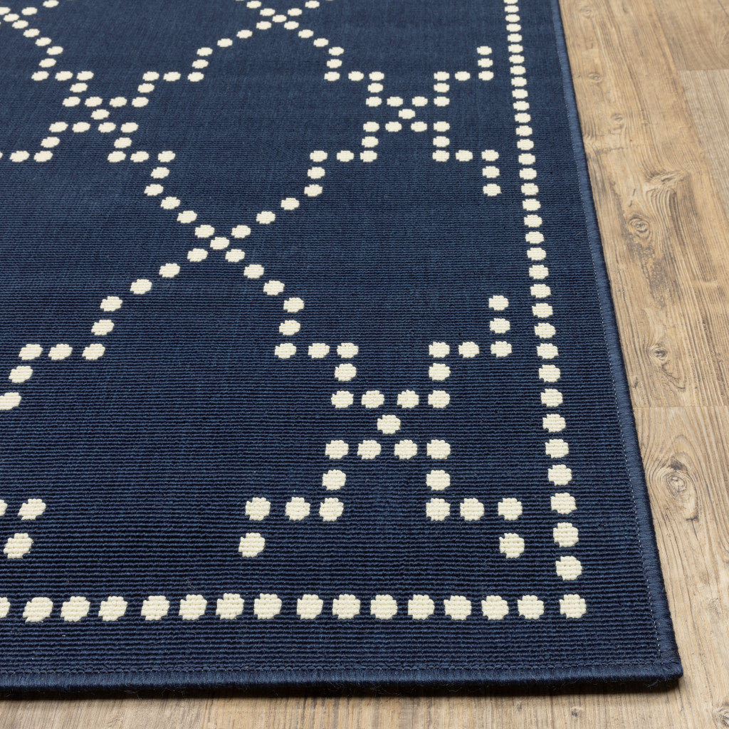 2' X 8' Blue and Ivory Geometric Stain Resistant Indoor Outdoor Area Rug