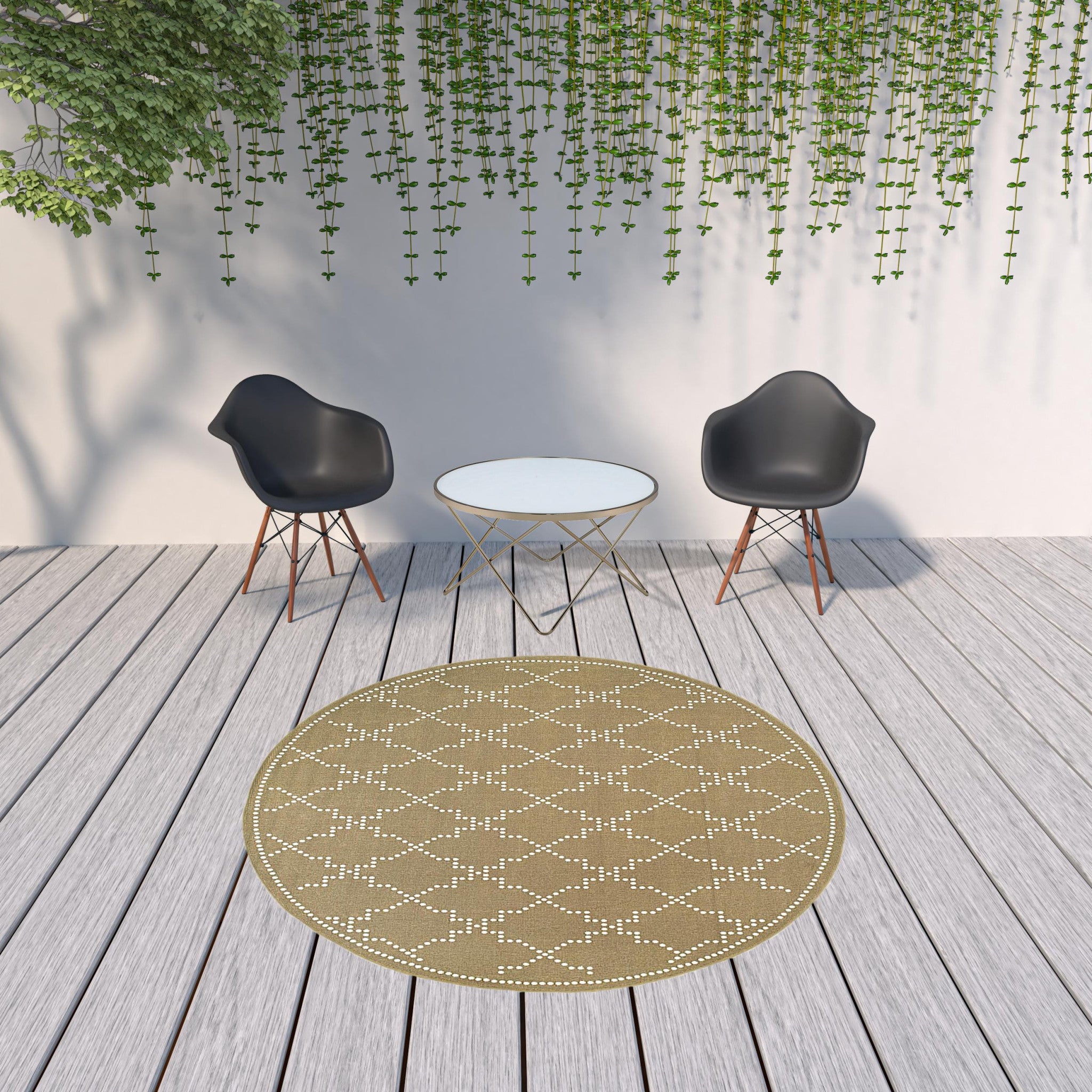 8' x 8' Tan Round Geometric Stain Resistant Indoor Outdoor Area Rug