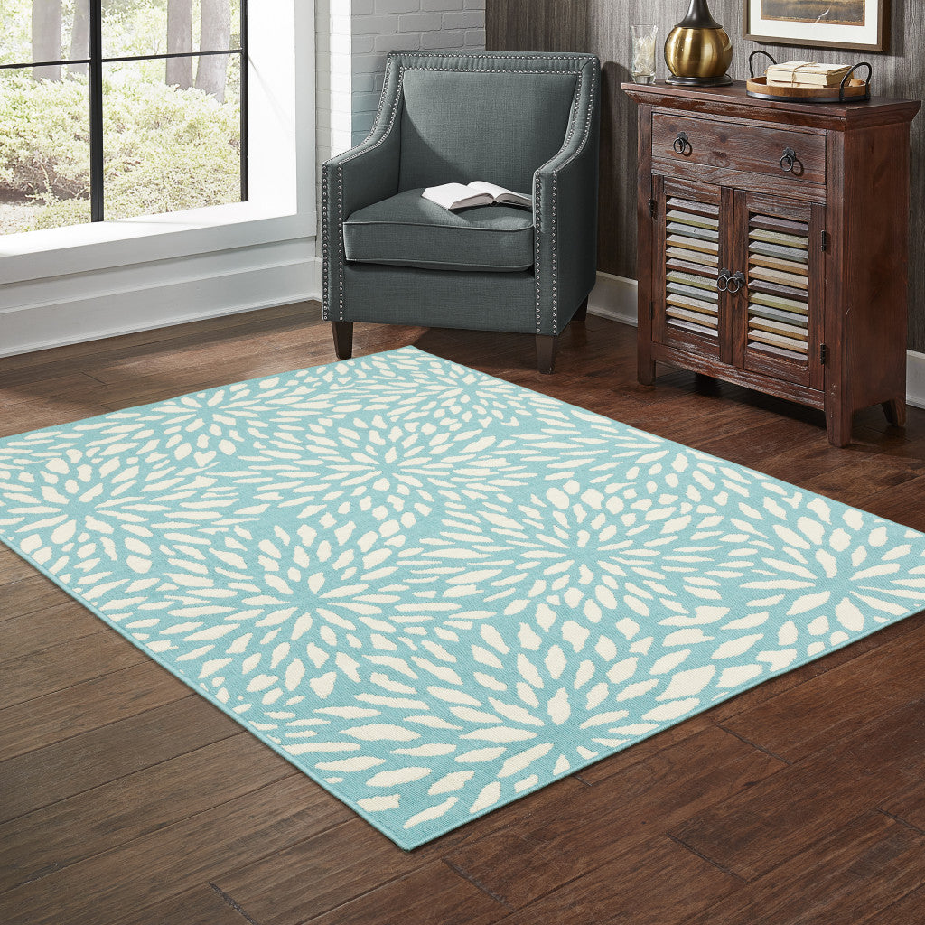 2' x 3' Blue and Ivory Floral Stain Resistant Indoor Outdoor Area Rug