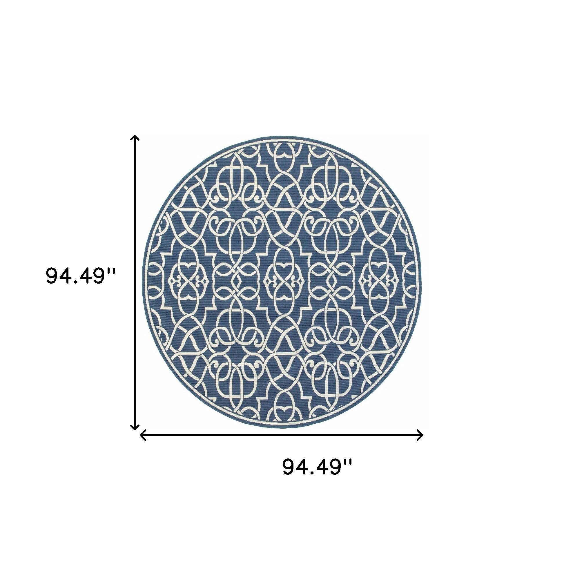 8' x 8' Blue and Ivory Round Geometric Stain Resistant Indoor Outdoor Area Rug