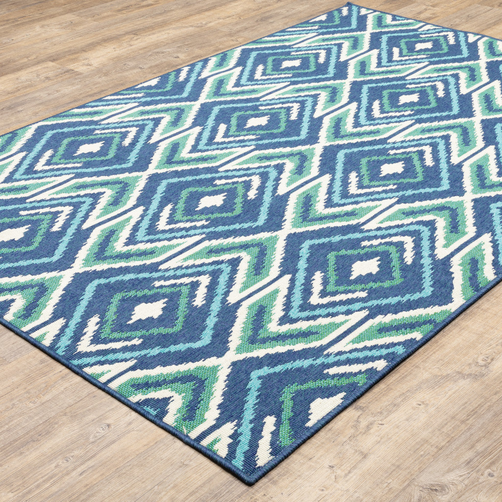 2' x 3' Blue and Ivory Geometric Stain Resistant Indoor Outdoor Area Rug