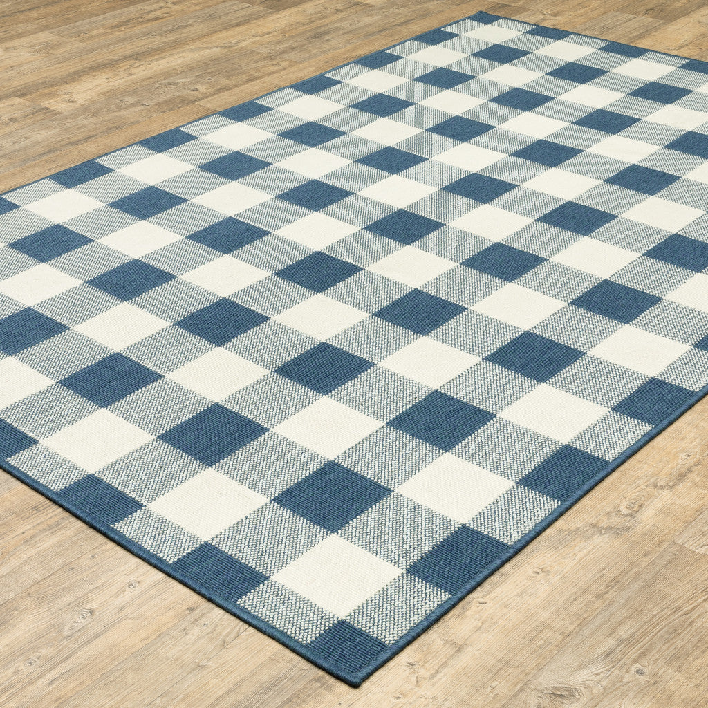 5' x 8' Blue and Ivory Geometric Stain Resistant Indoor Outdoor Area Rug