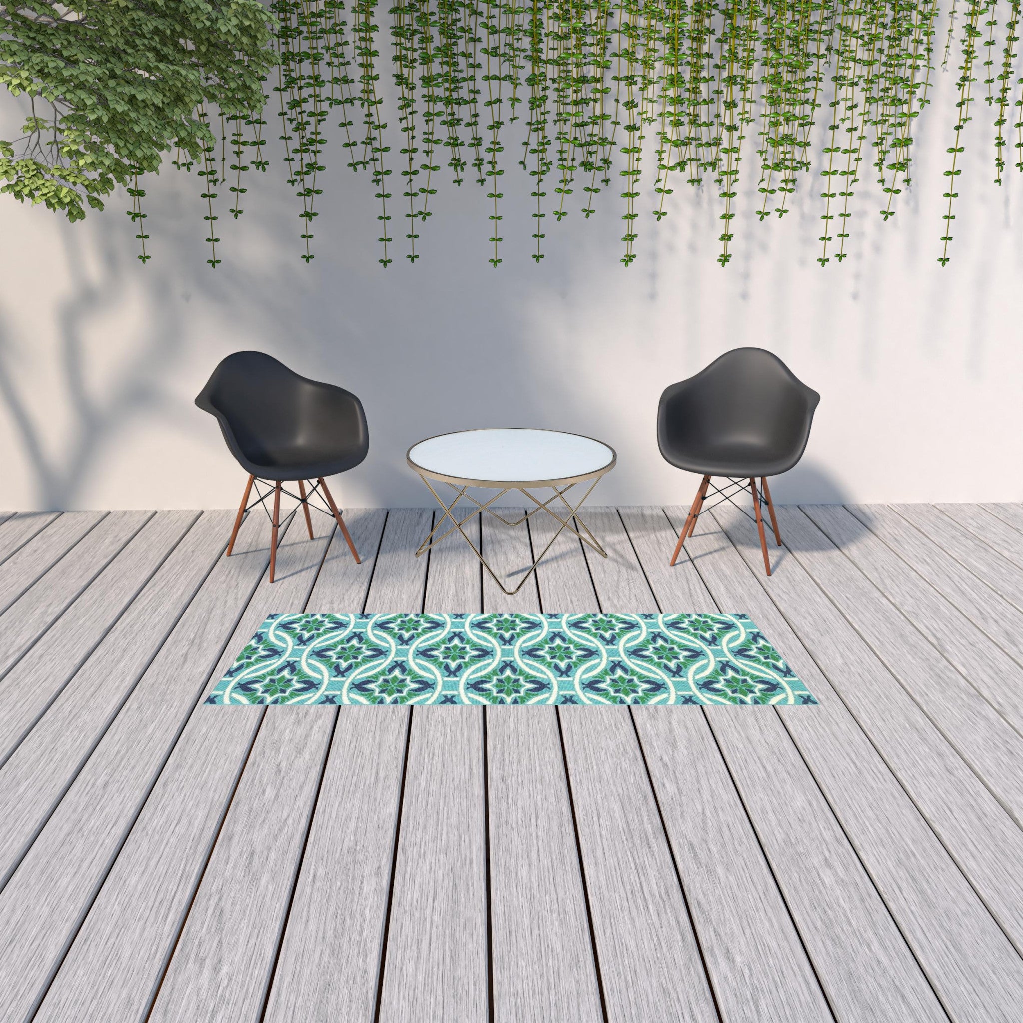 2' X 8' Blue and Green Geometric Stain Resistant Indoor Outdoor Area Rug