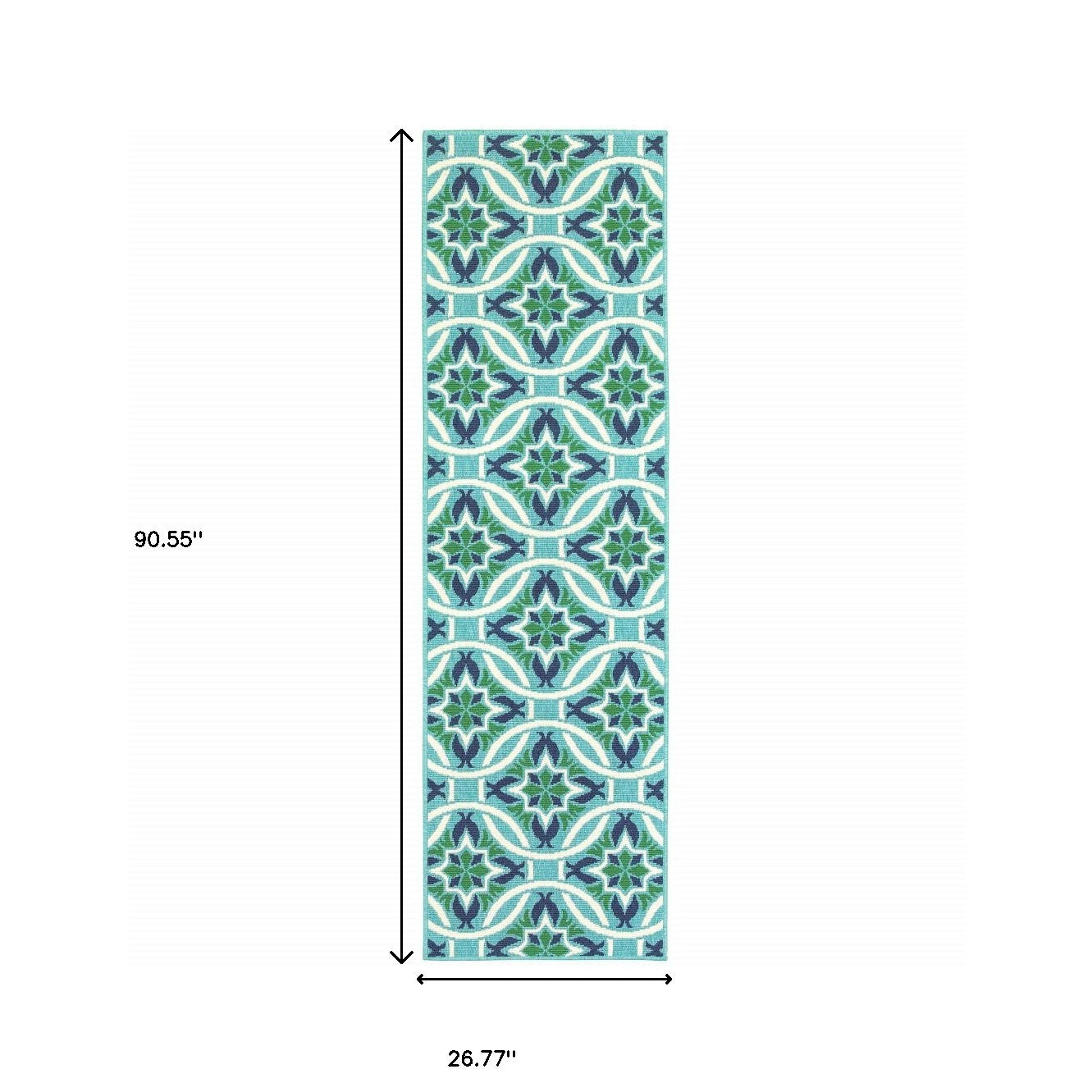 2' X 8' Blue and Green Geometric Stain Resistant Indoor Outdoor Area Rug