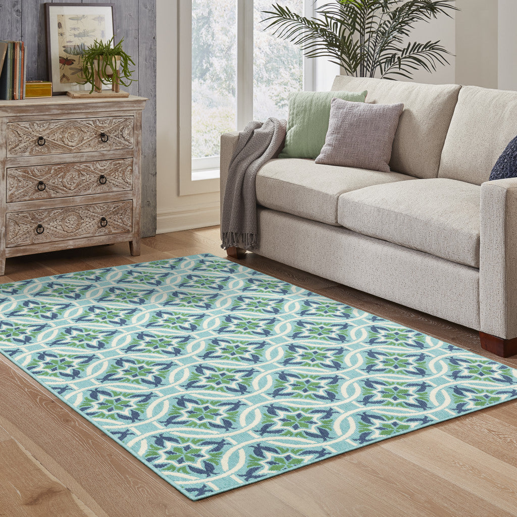 4' x 6' Blue and Green Geometric Stain Resistant Indoor Outdoor Area Rug