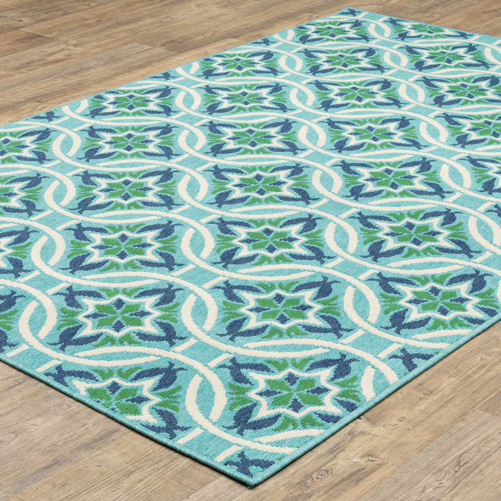 7' x 10' Blue and Green Geometric Stain Resistant Indoor Outdoor Area Rug