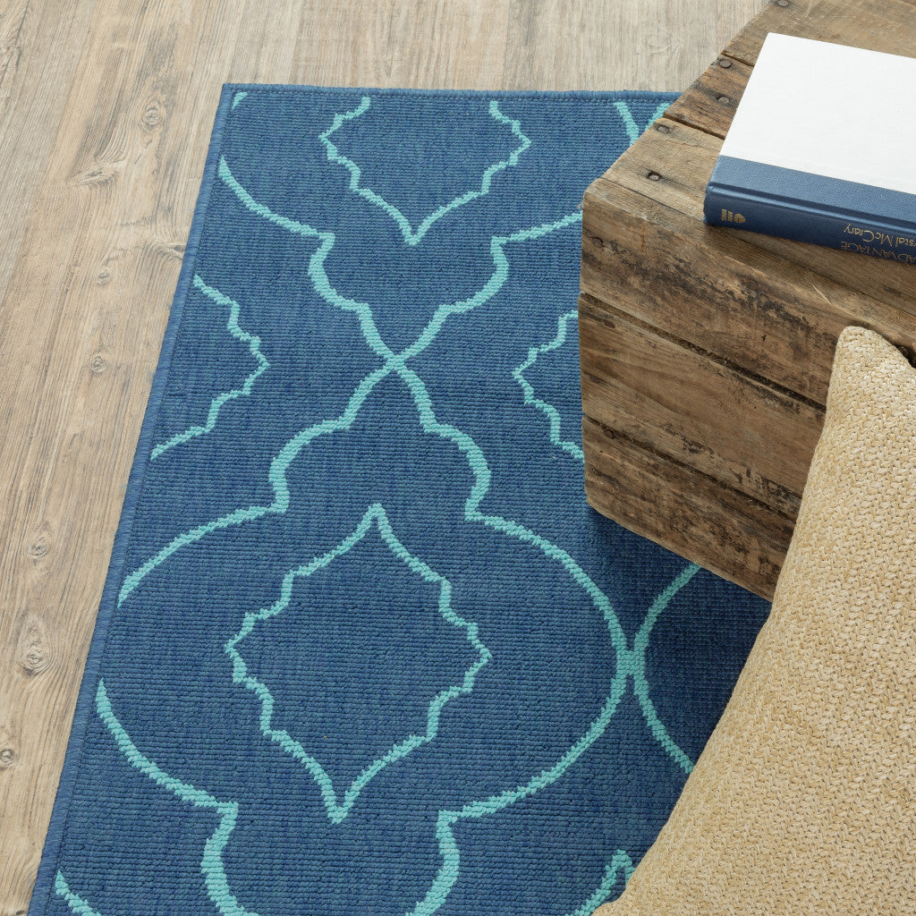 2' X 8' Blue Geometric Stain Resistant Indoor Outdoor Area Rug