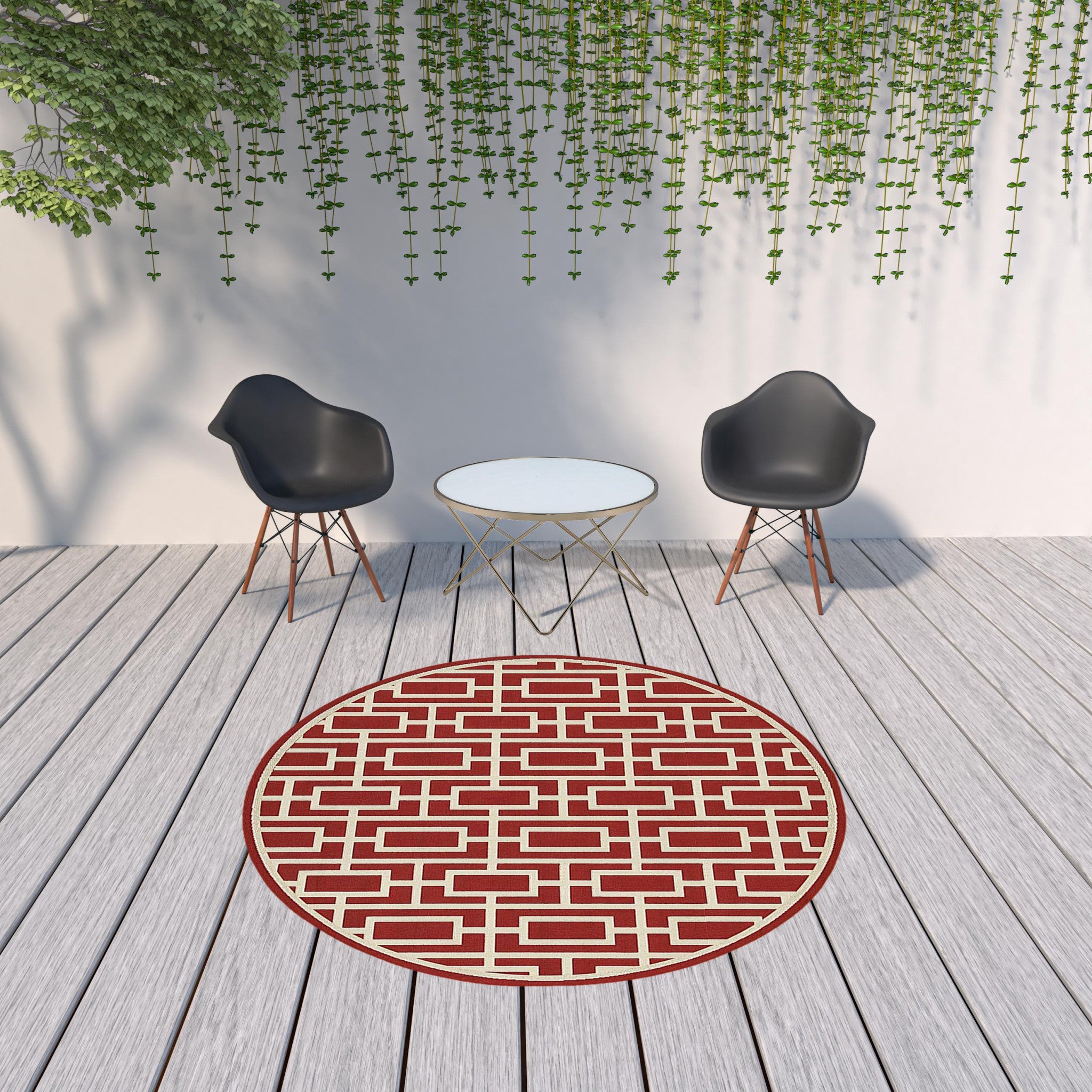 8' x 8' Red and Ivory Round Geometric Stain Resistant Indoor Outdoor Area Rug