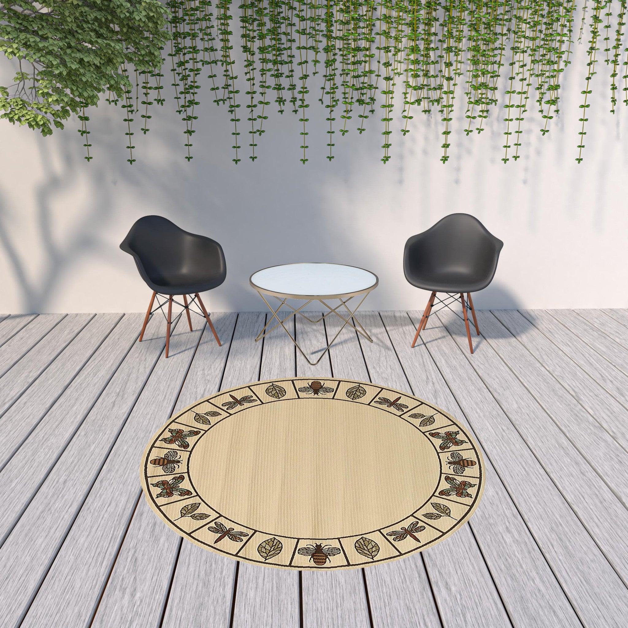 8' x 8' Brown and Ivory Round Abstract Stain Resistant Indoor Outdoor Area Rug