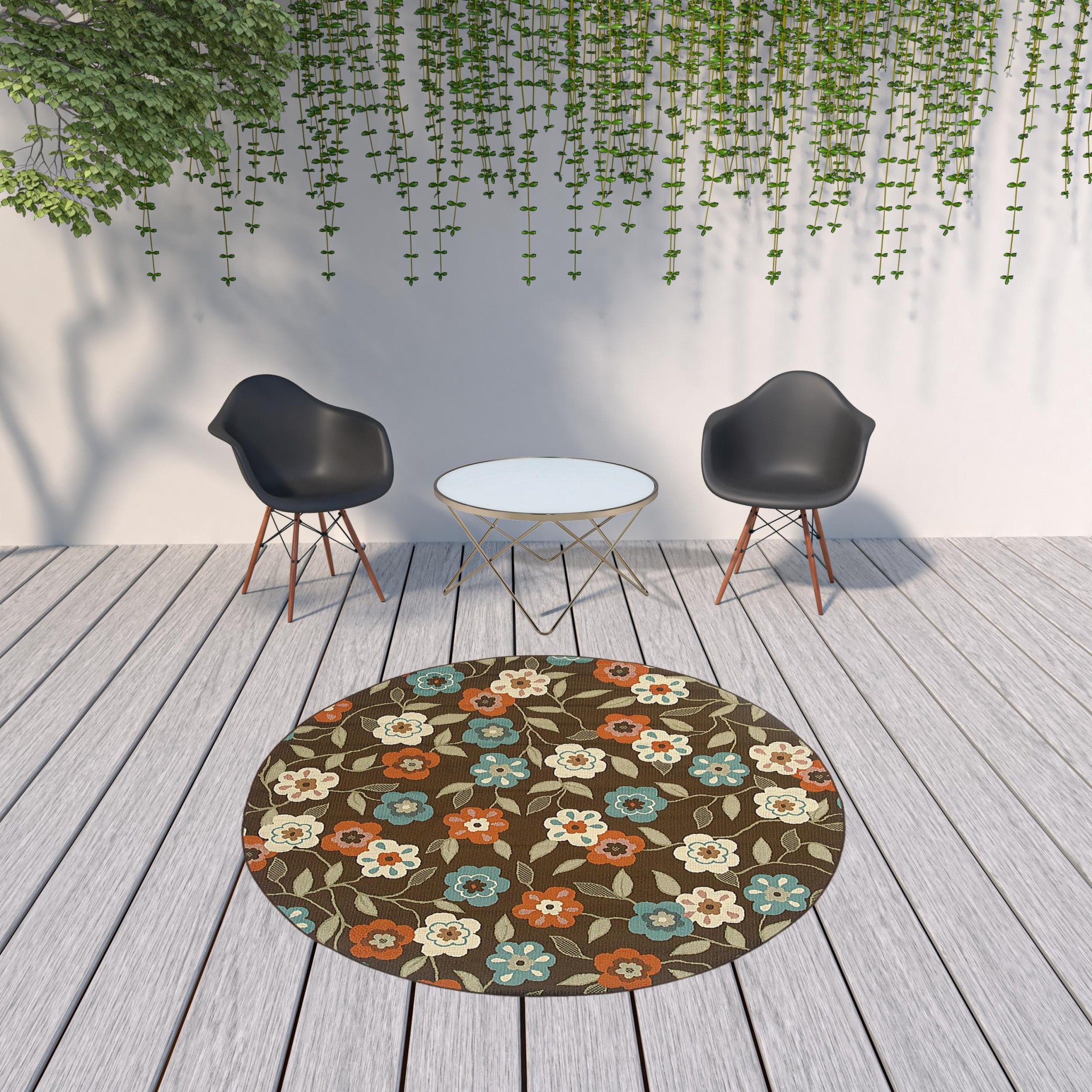 8' x 8' Brown and Ivory Round Floral Stain Resistant Indoor Outdoor Area Rug