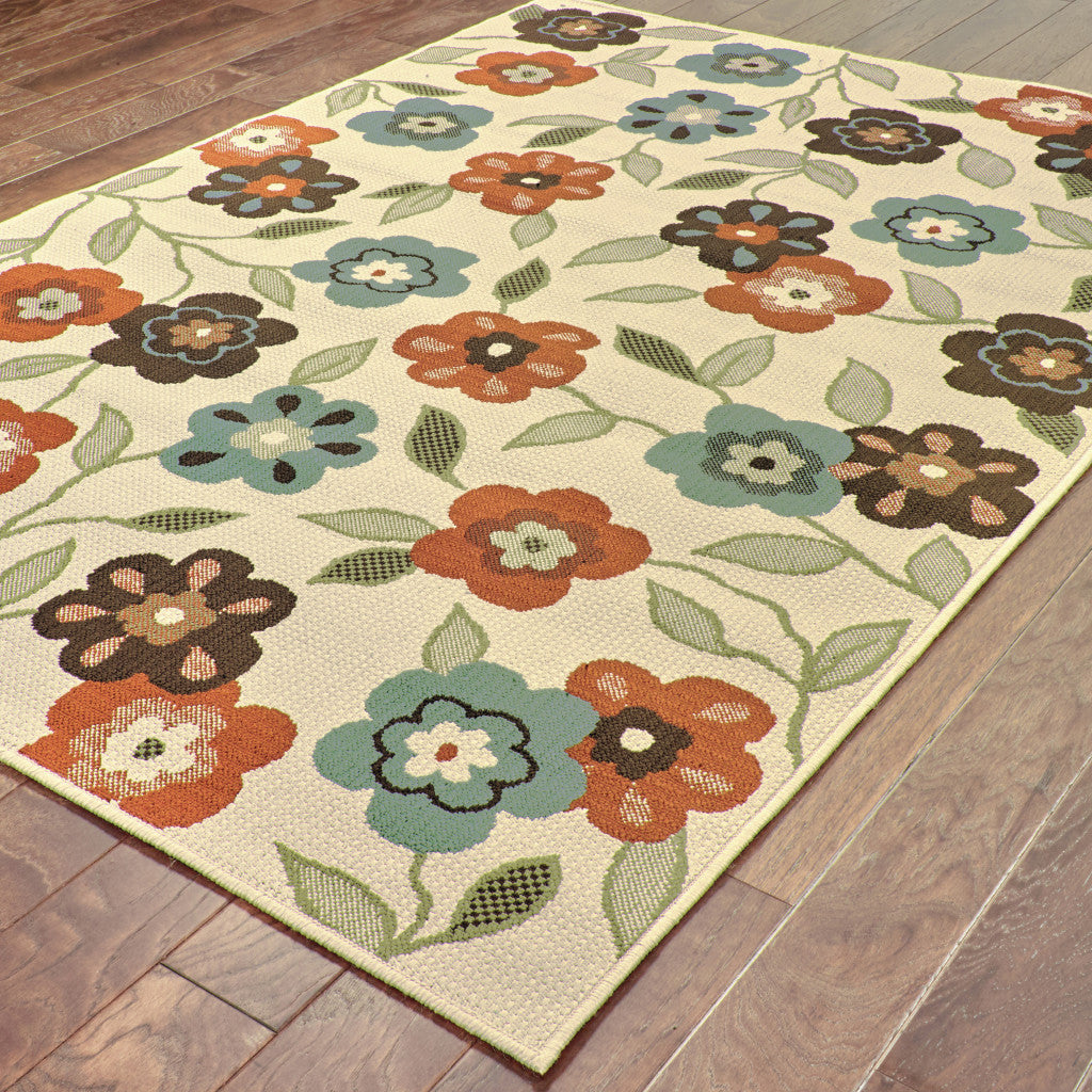 2' X 4' Brown and Ivory Floral Stain Resistant Indoor Outdoor Area Rug