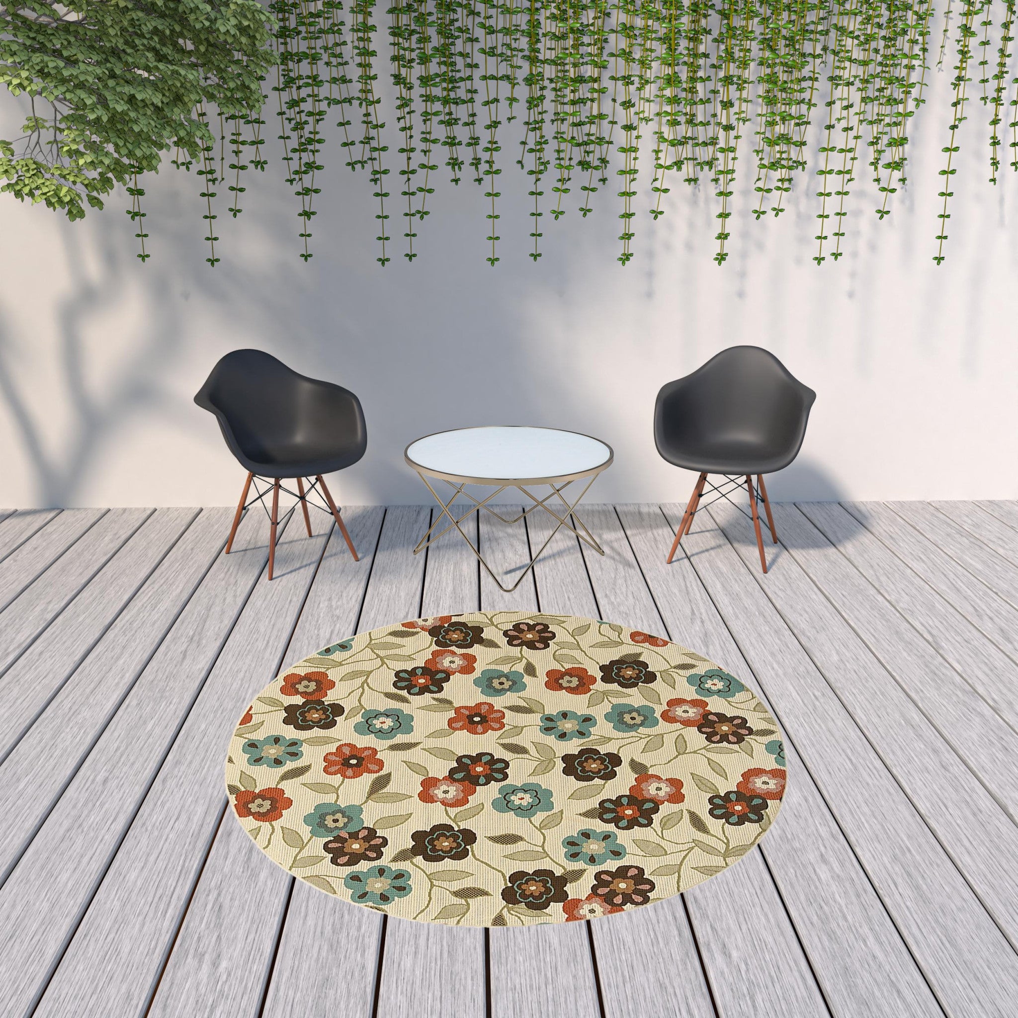 8' x 8' Brown and Ivory Round Floral Stain Resistant Indoor Outdoor Area Rug