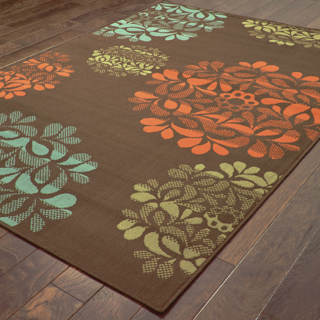 2' X 4' Brown Floral Stain Resistant Indoor Outdoor Area Rug