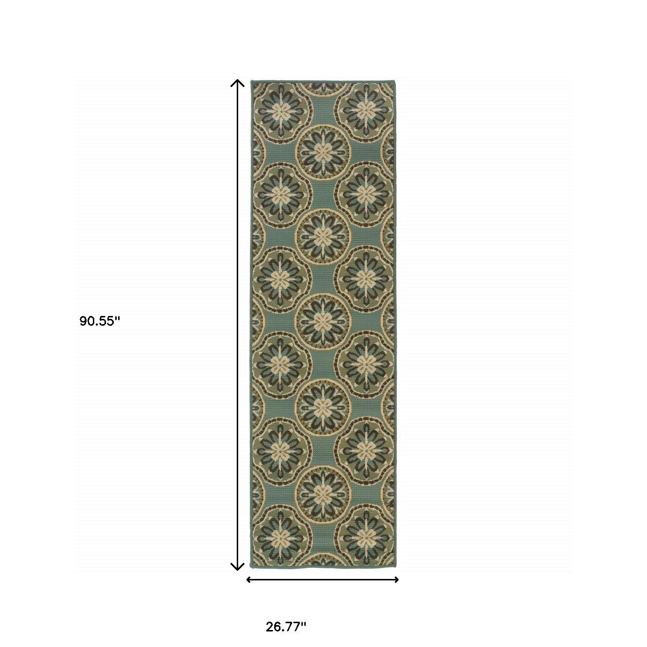 2' X 8' Blue and Ivory Floral Stain Resistant Indoor Outdoor Area Rug