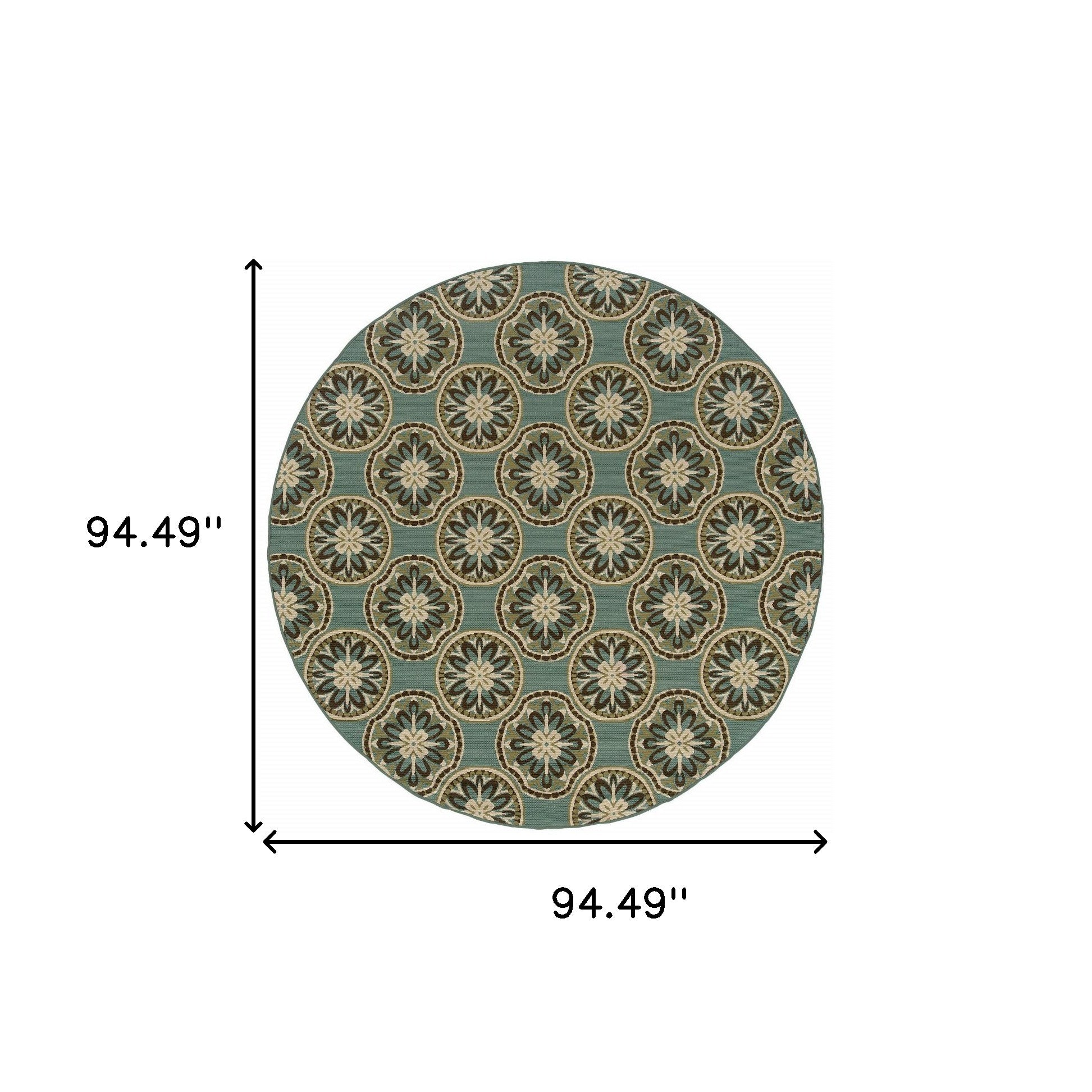 8' x 8' Blue and Ivory Round Floral Stain Resistant Indoor Outdoor Area Rug