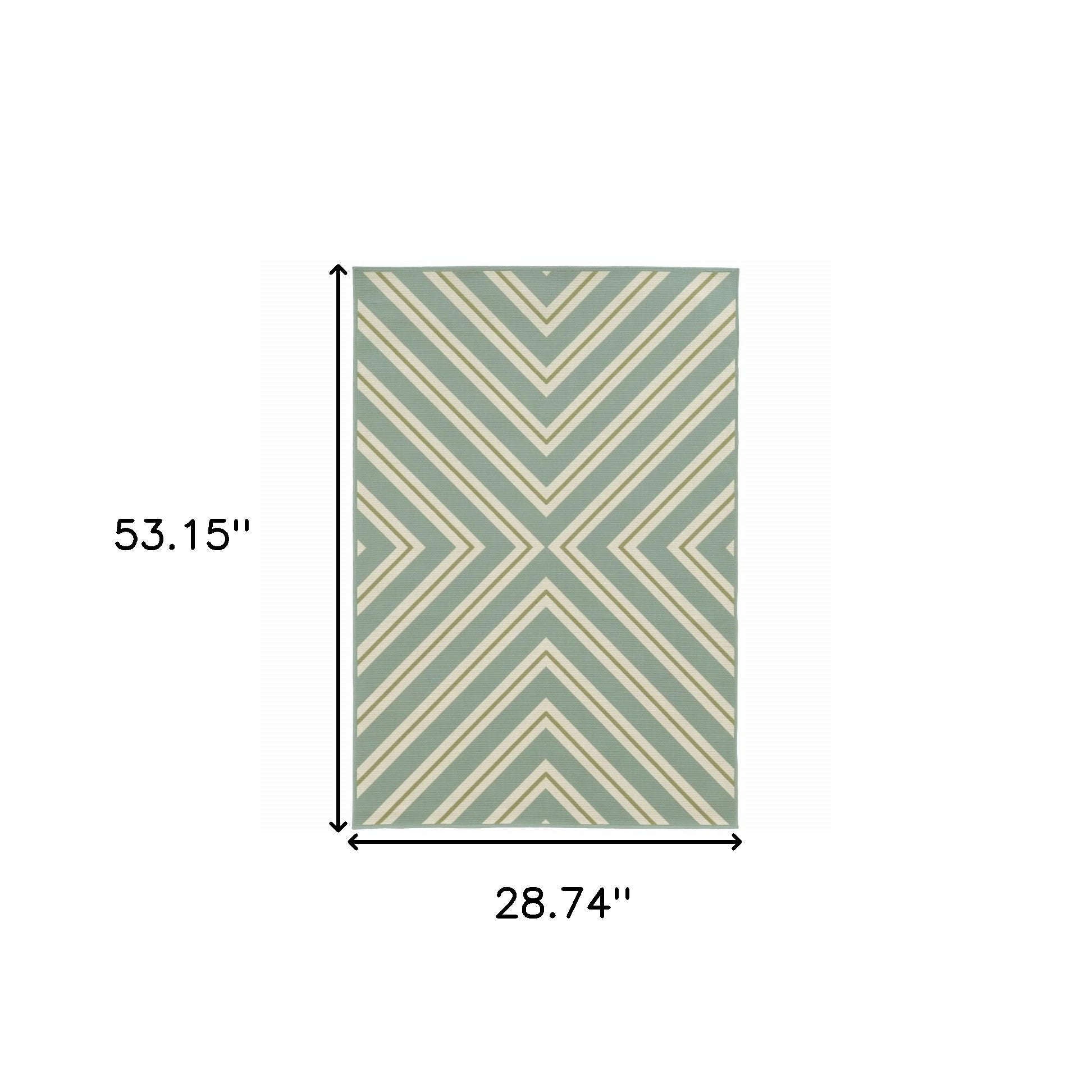 2' X 4' Blue and Green Geometric Stain Resistant Indoor Outdoor Area Rug