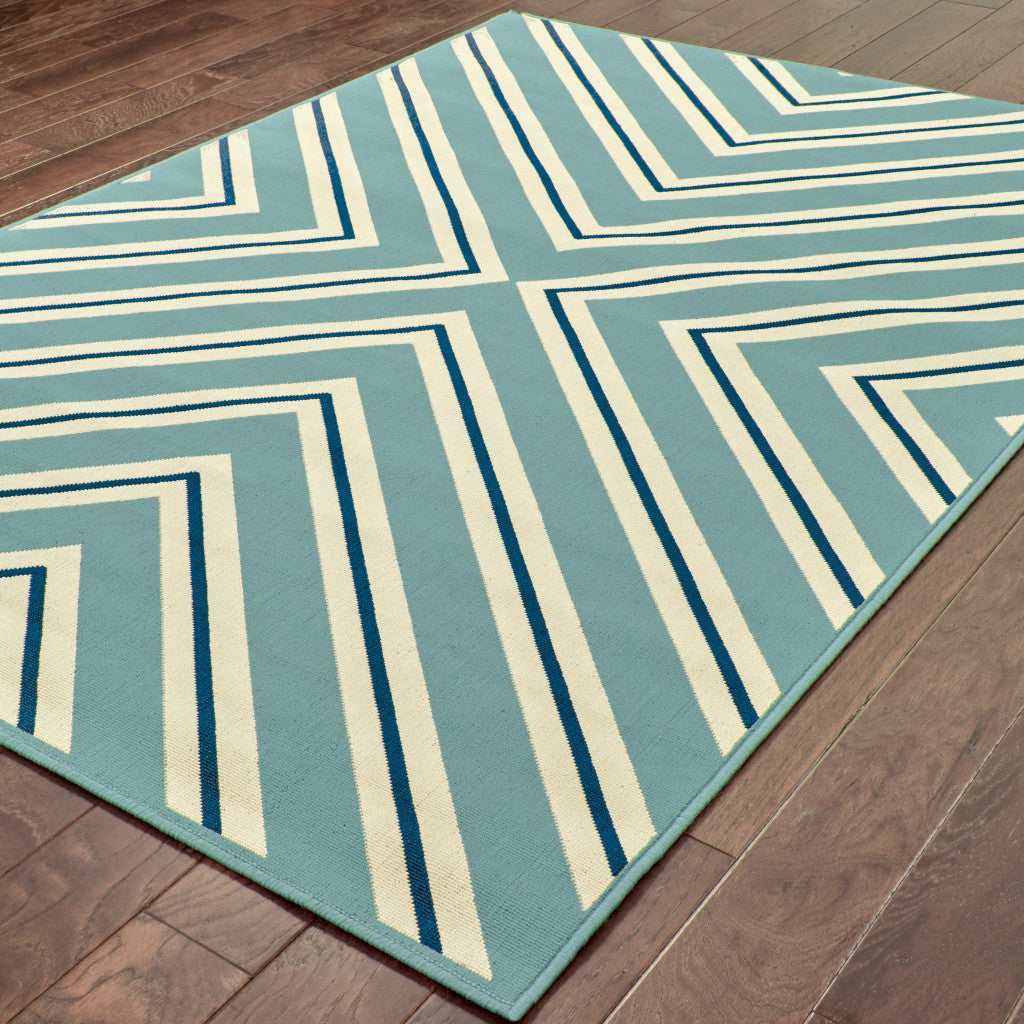 7' x 10' Blue Geometric Stain Resistant Indoor Outdoor Area Rug