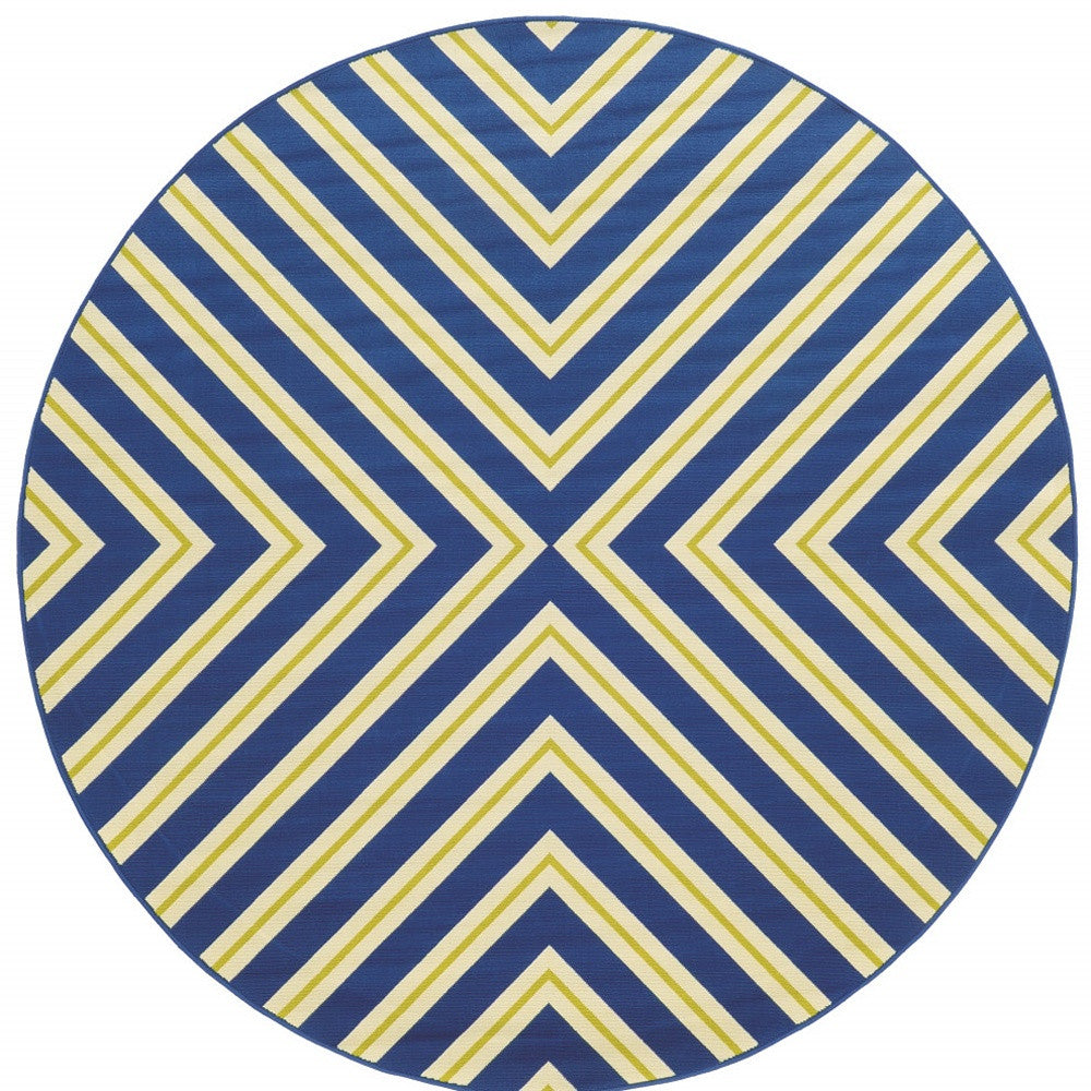 8' x 8' Blue and Ivory Round Geometric Stain Resistant Indoor Outdoor Area Rug