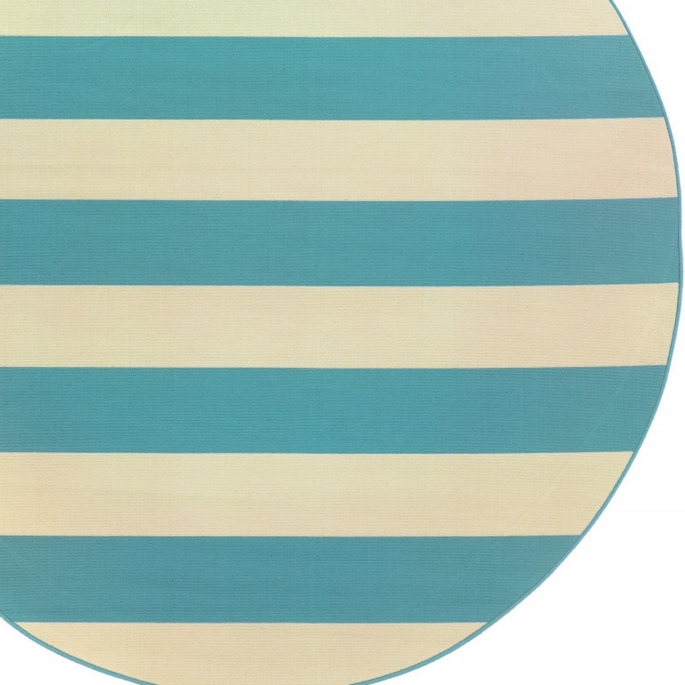 8' x 8' Blue and Ivory Round Geometric Stain Resistant Indoor Outdoor Area Rug