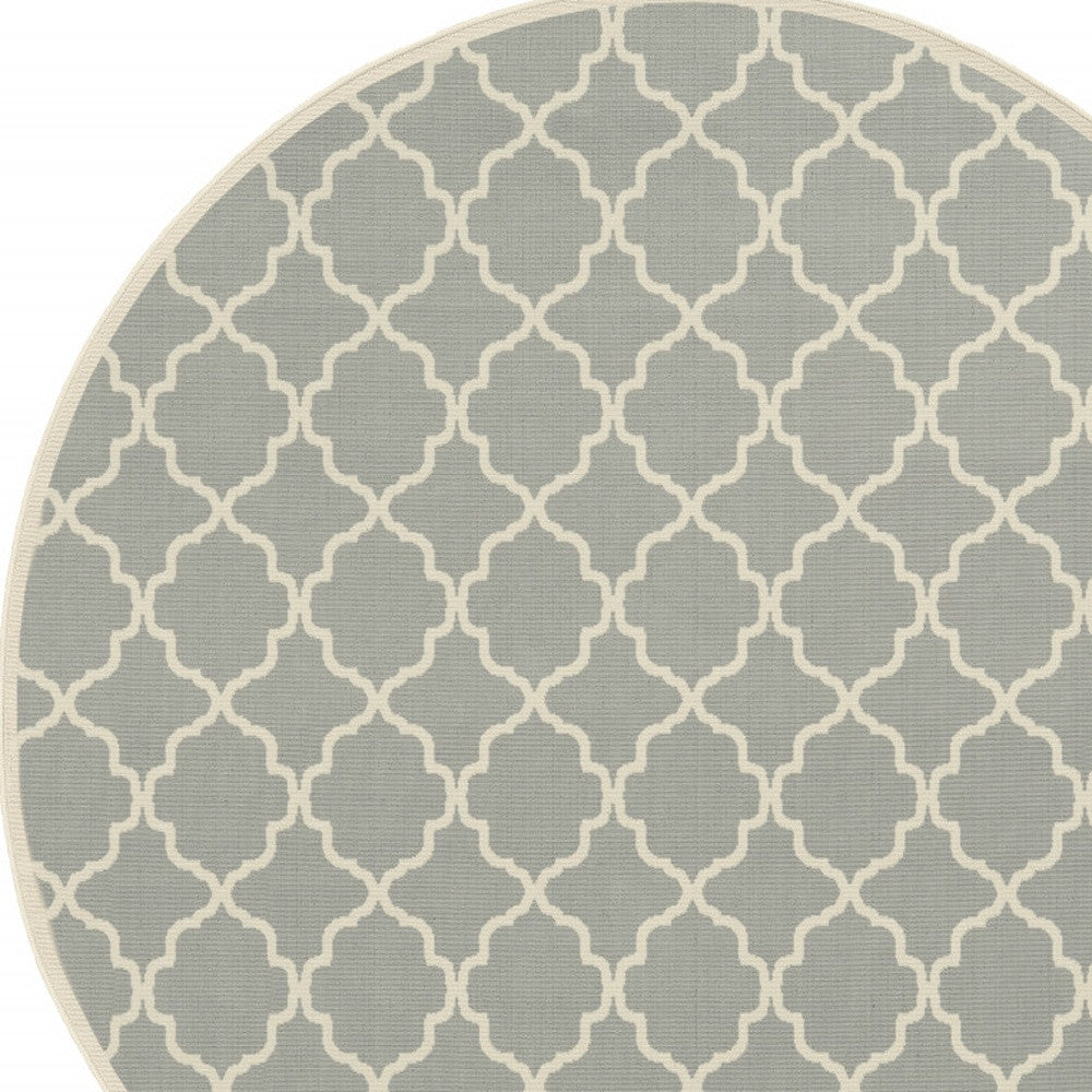 8' x 8' Gray and Ivory Round Geometric Stain Resistant Indoor Outdoor Area Rug