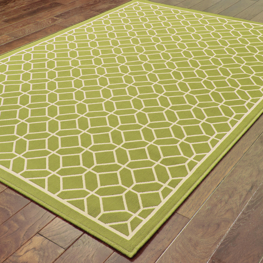 2' X 4' Green and Ivory Geometric Stain Resistant Indoor Outdoor Area Rug