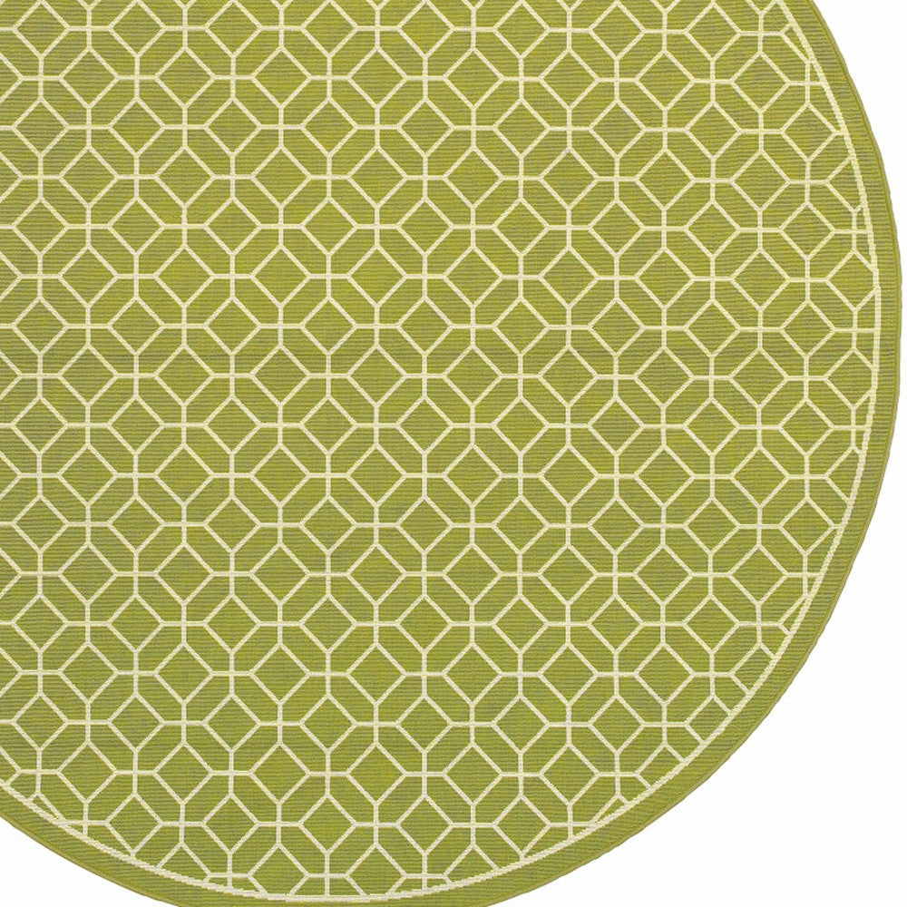 8' x 8' Green and Ivory Round Geometric Stain Resistant Indoor Outdoor Area Rug