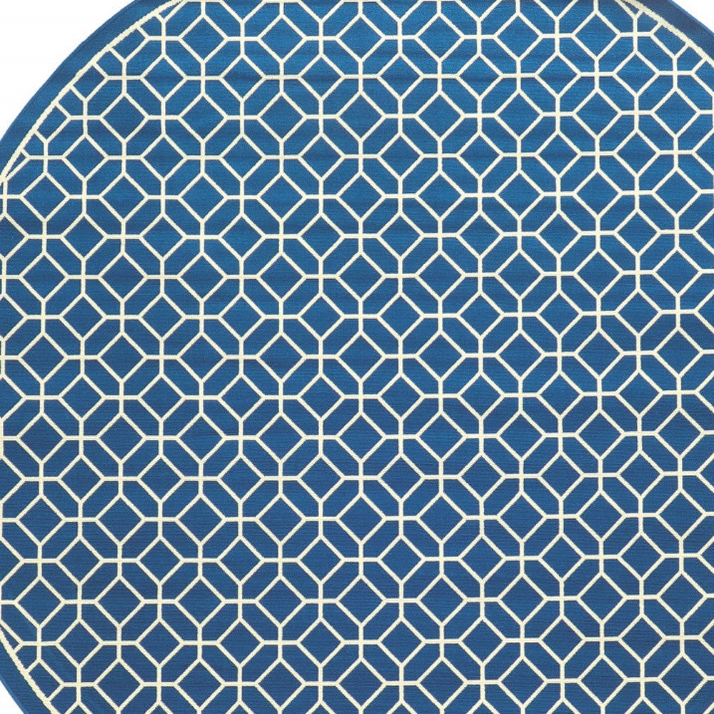 8' x 8' Blue and Ivory Round Geometric Stain Resistant Indoor Outdoor Area Rug