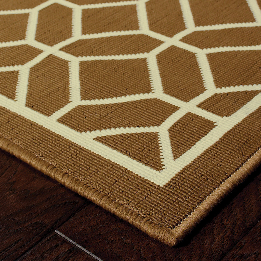 2' X 4' Brown and Ivory Geometric Stain Resistant Indoor Outdoor Area Rug