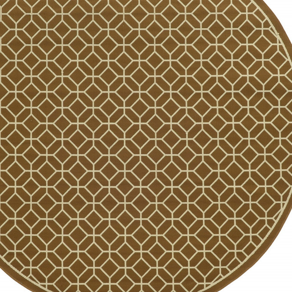 8' x 8' Brown and Ivory Round Geometric Stain Resistant Indoor Outdoor Area Rug