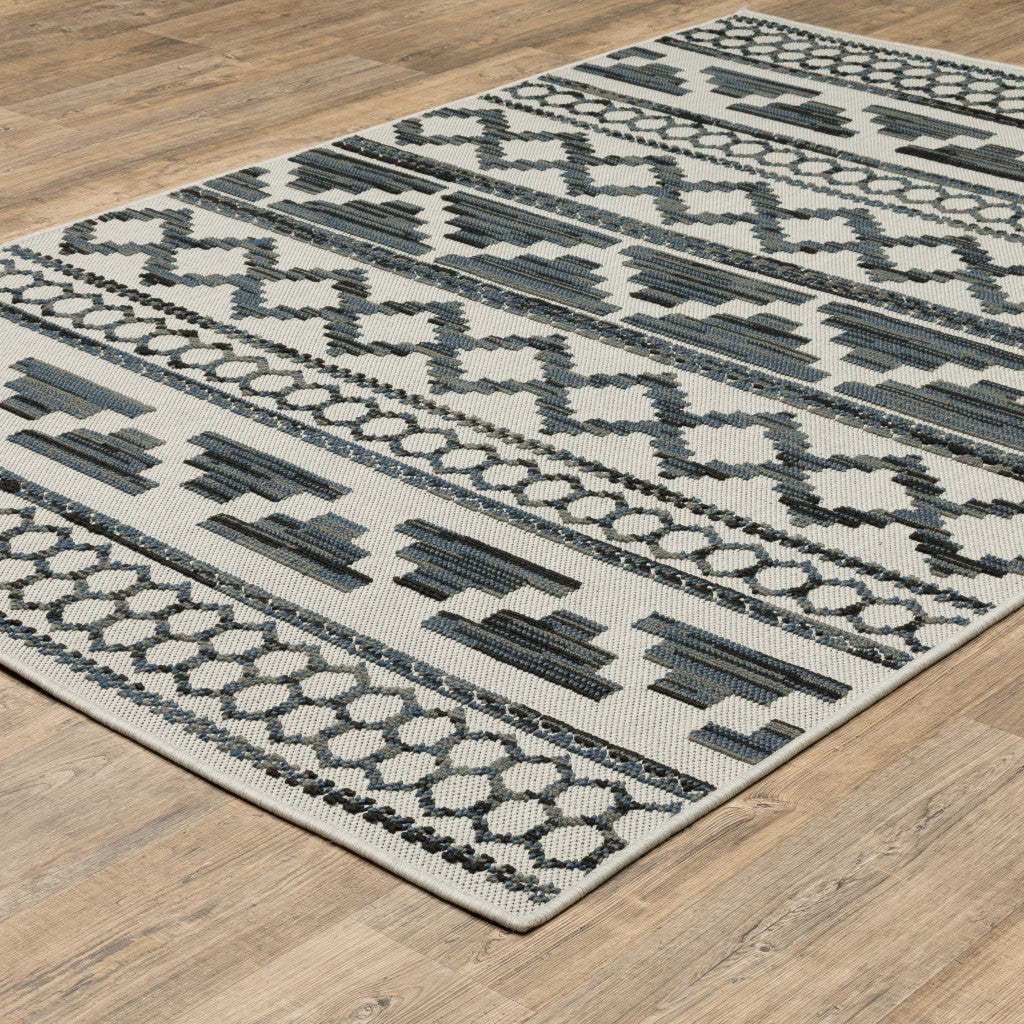 3' X 5' Blue and Beige Geometric Stain Resistant Indoor Outdoor Area Rug