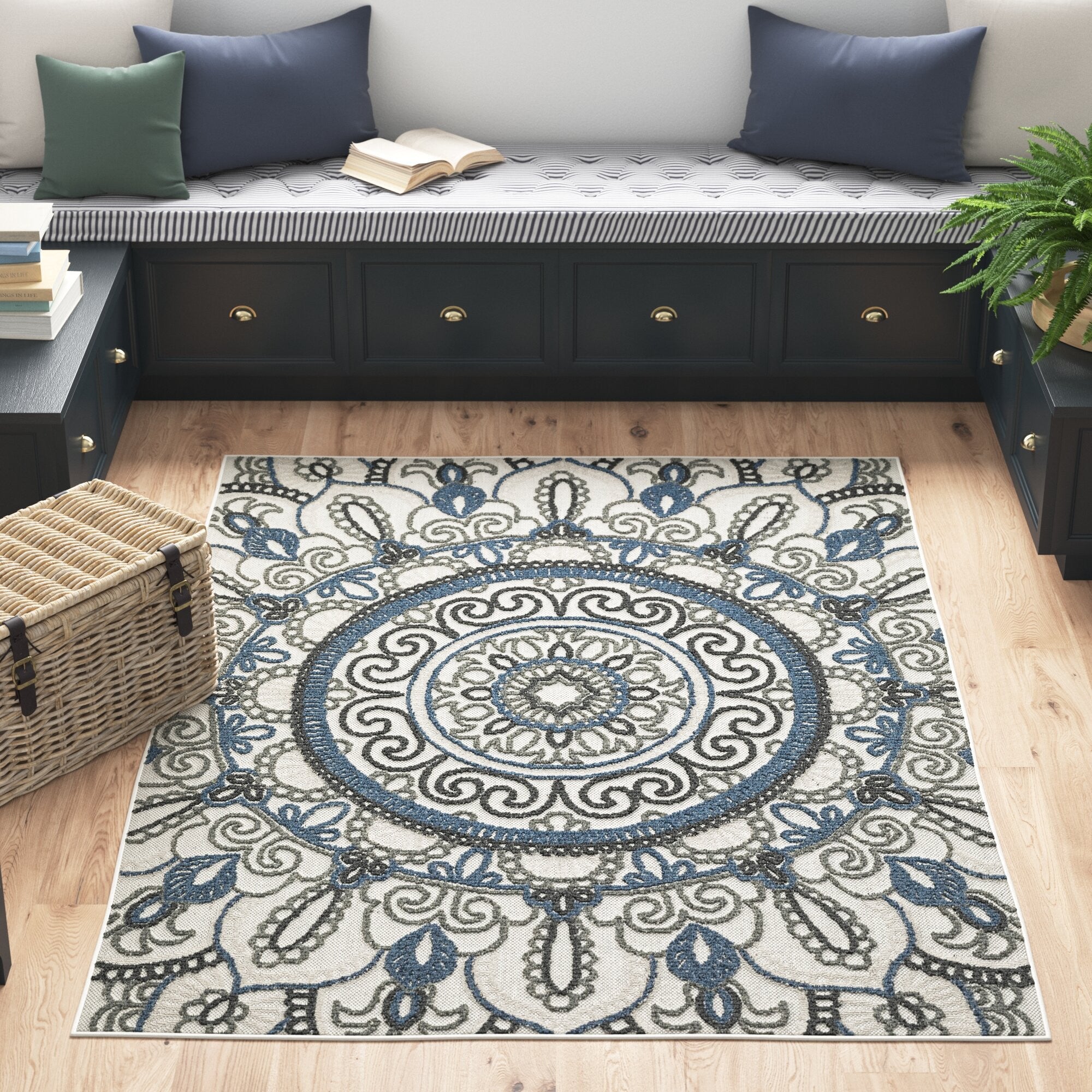 5' x 7' Blue and Beige Geometric Stain Resistant Indoor Outdoor Area Rug