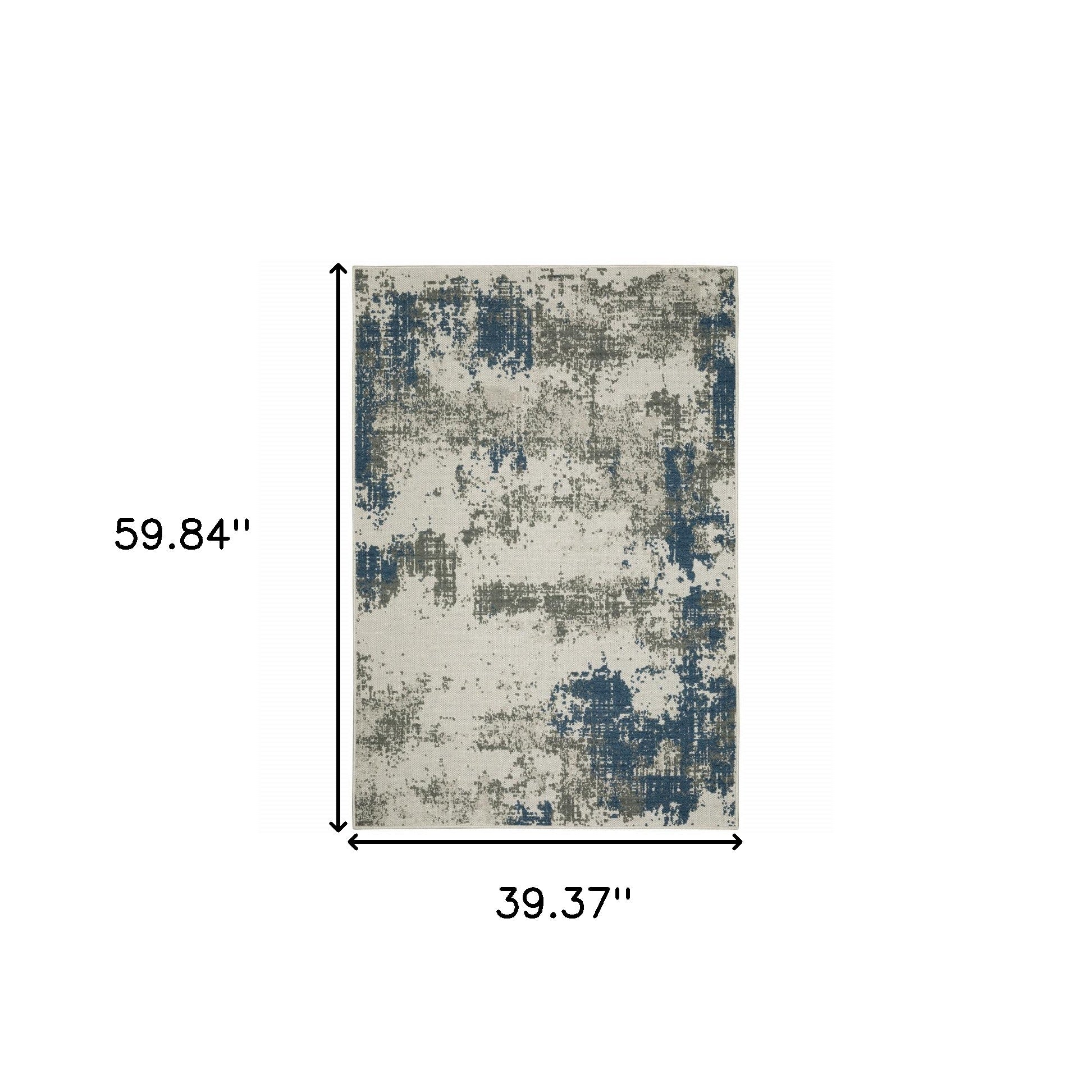 3' X 5' Blue and Beige Abstract Stain Resistant Indoor Outdoor Area Rug