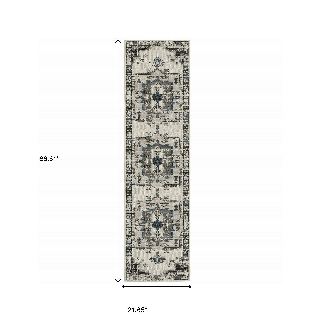 2' X 7' Blue and Beige Oriental Stain Resistant Indoor Outdoor Area Rug