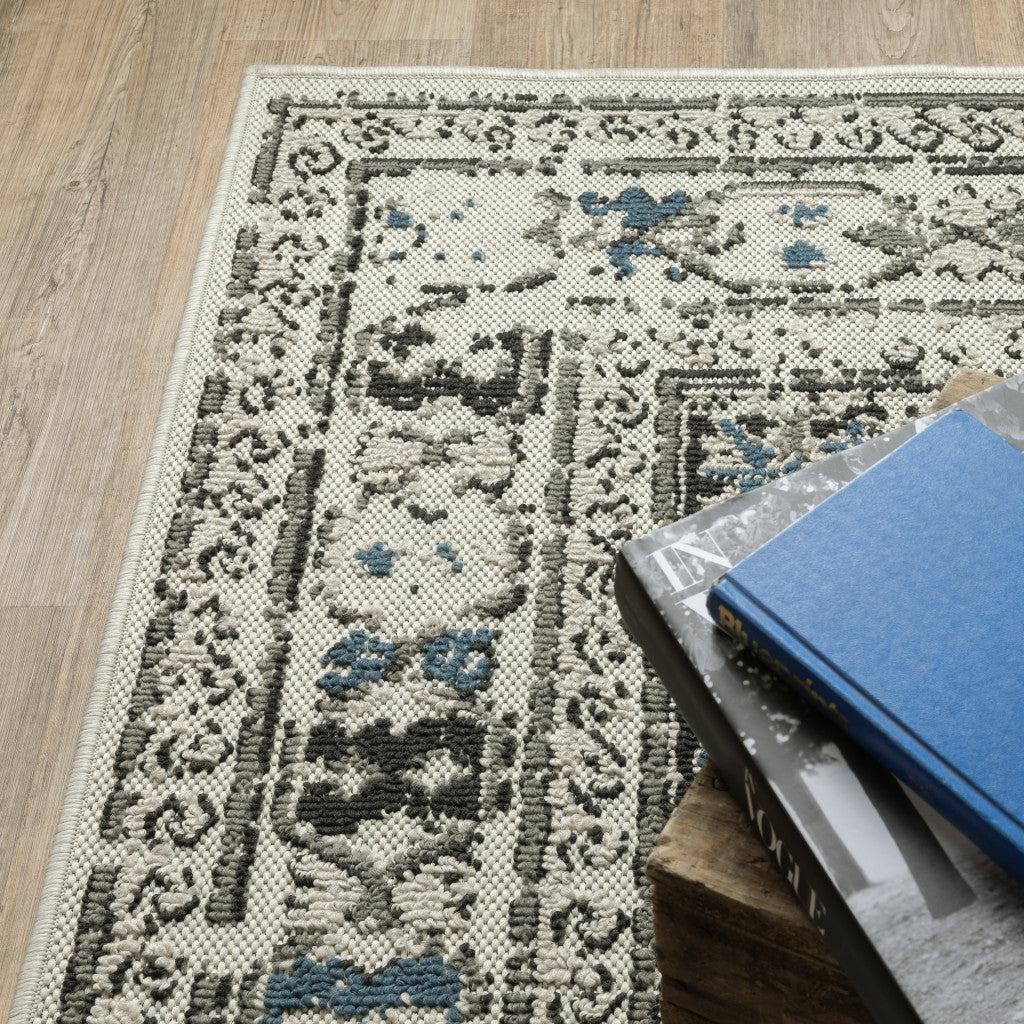 2' X 7' Blue and Beige Oriental Stain Resistant Indoor Outdoor Area Rug