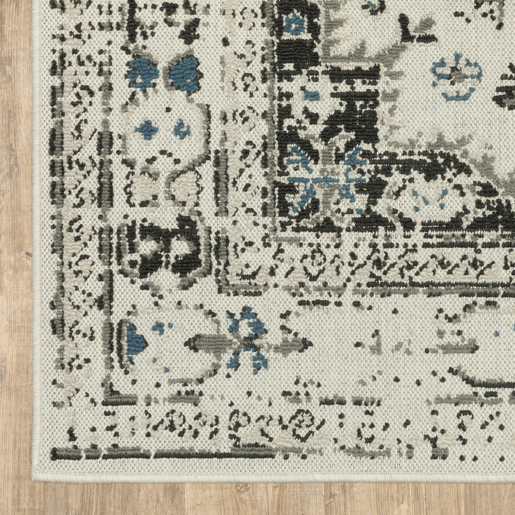 2' X 7' Blue and Beige Oriental Stain Resistant Indoor Outdoor Area Rug