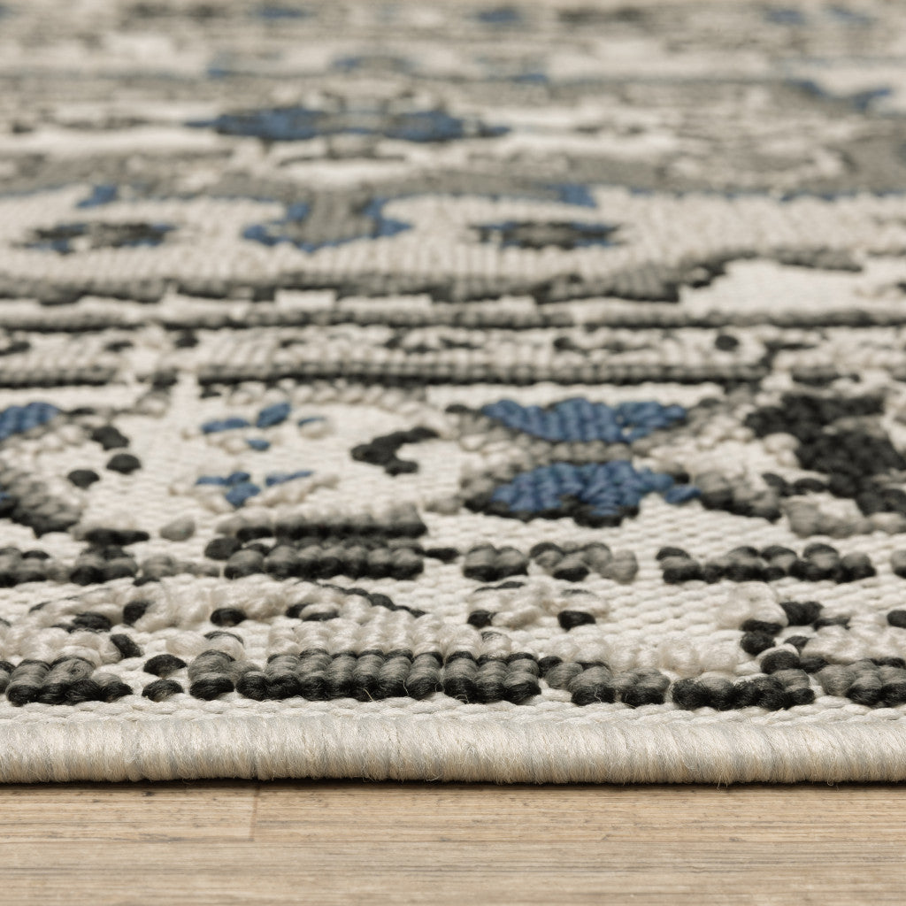 10' x 13' Blue and Beige Oriental Stain Resistant Indoor Outdoor Area Rug