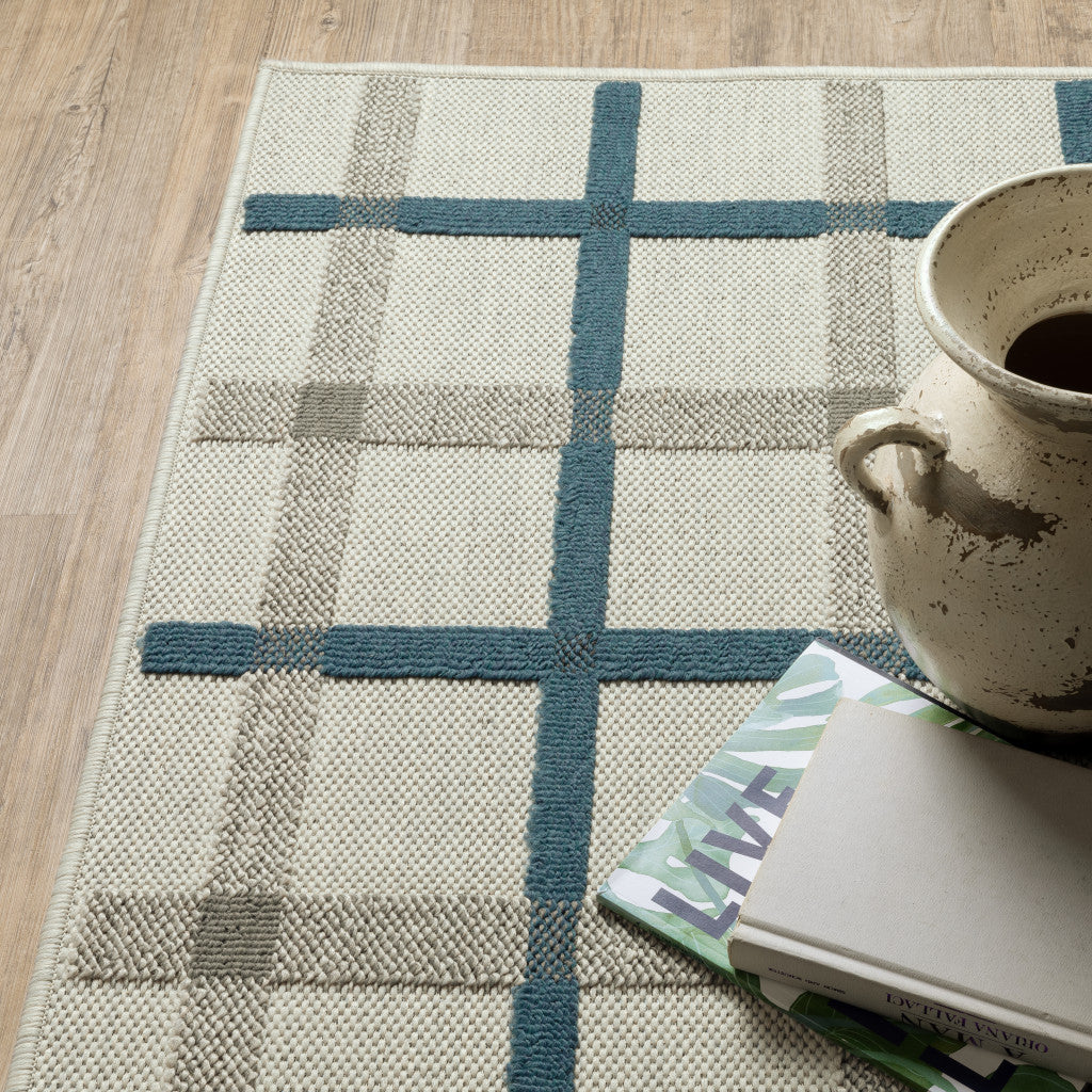 5' x 7' Blue and Beige Geometric Stain Resistant Indoor Outdoor Area Rug