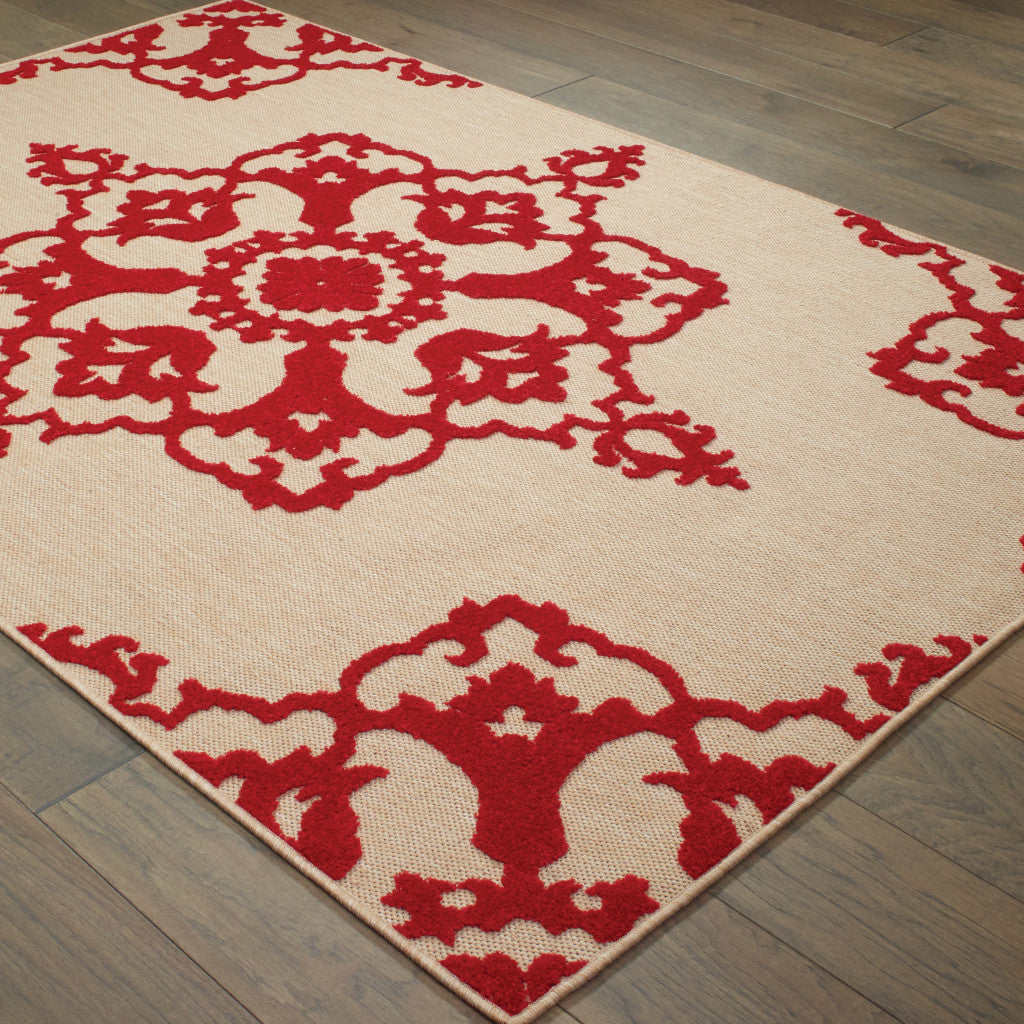 7' x 10' Red Oriental Stain Resistant Indoor Outdoor Area Rug