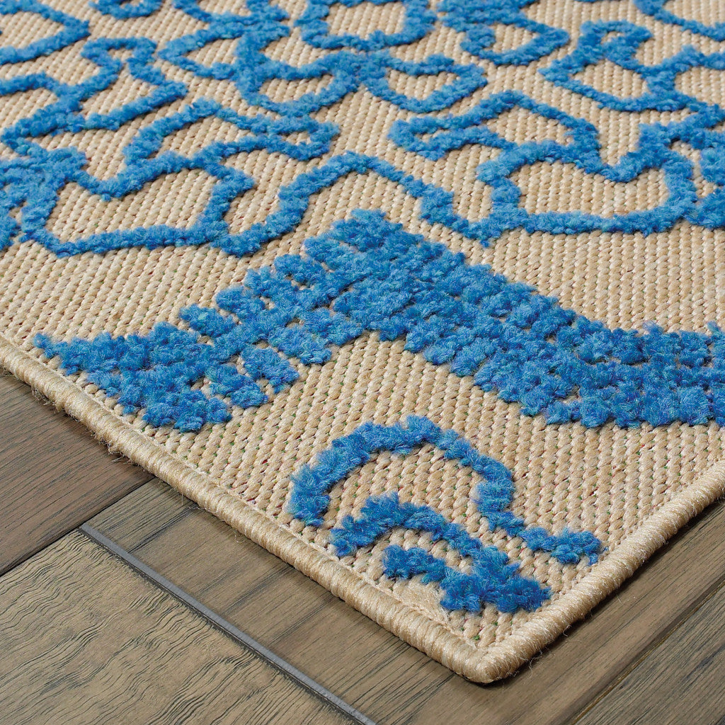 2' x 3' Blue and Beige Oriental Stain Resistant Indoor Outdoor Area Rug