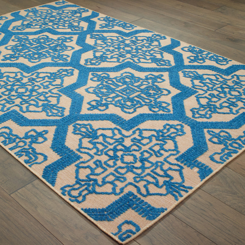 2' x 3' Blue and Beige Oriental Stain Resistant Indoor Outdoor Area Rug