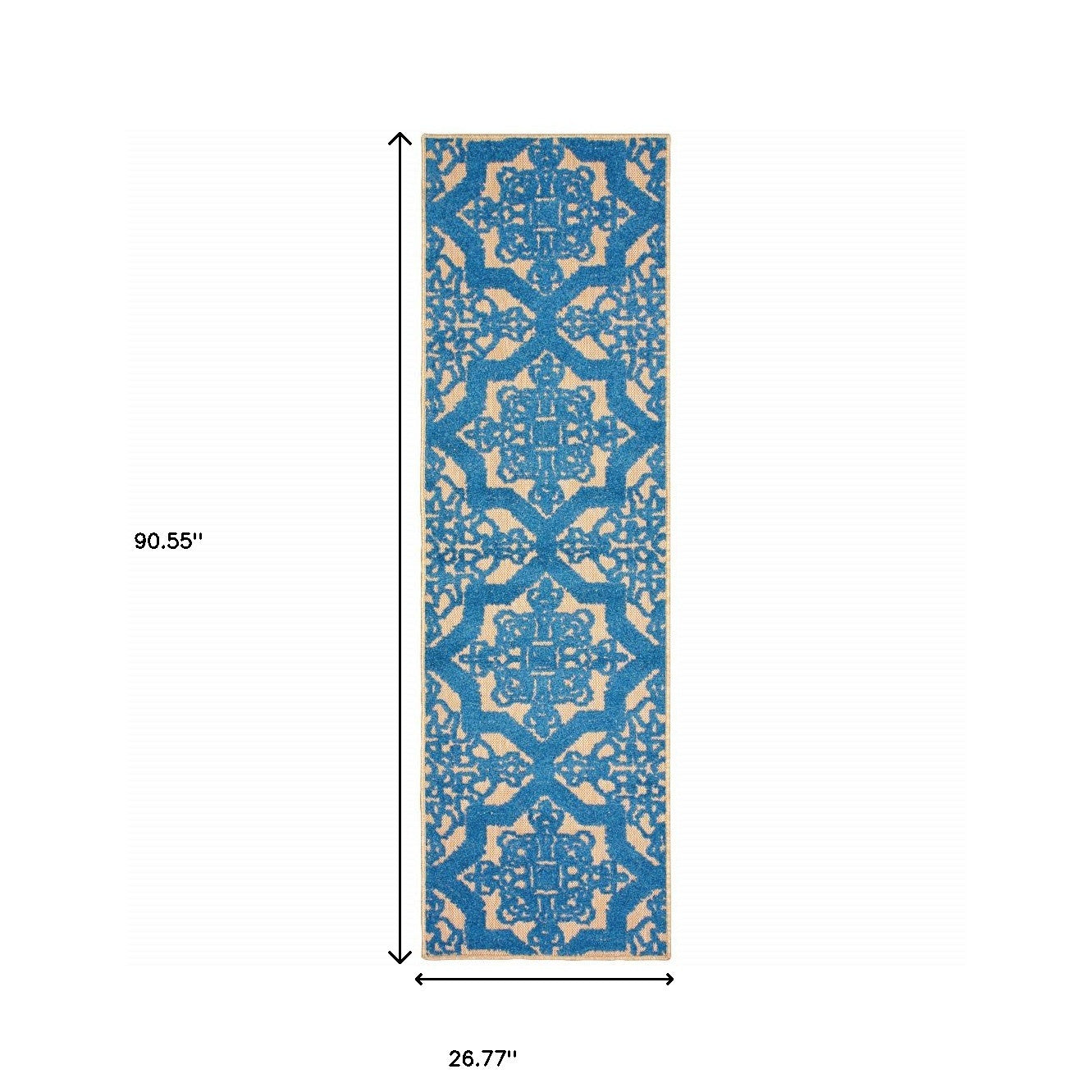 2' X 8' Blue and Beige Oriental Stain Resistant Indoor Outdoor Area Rug