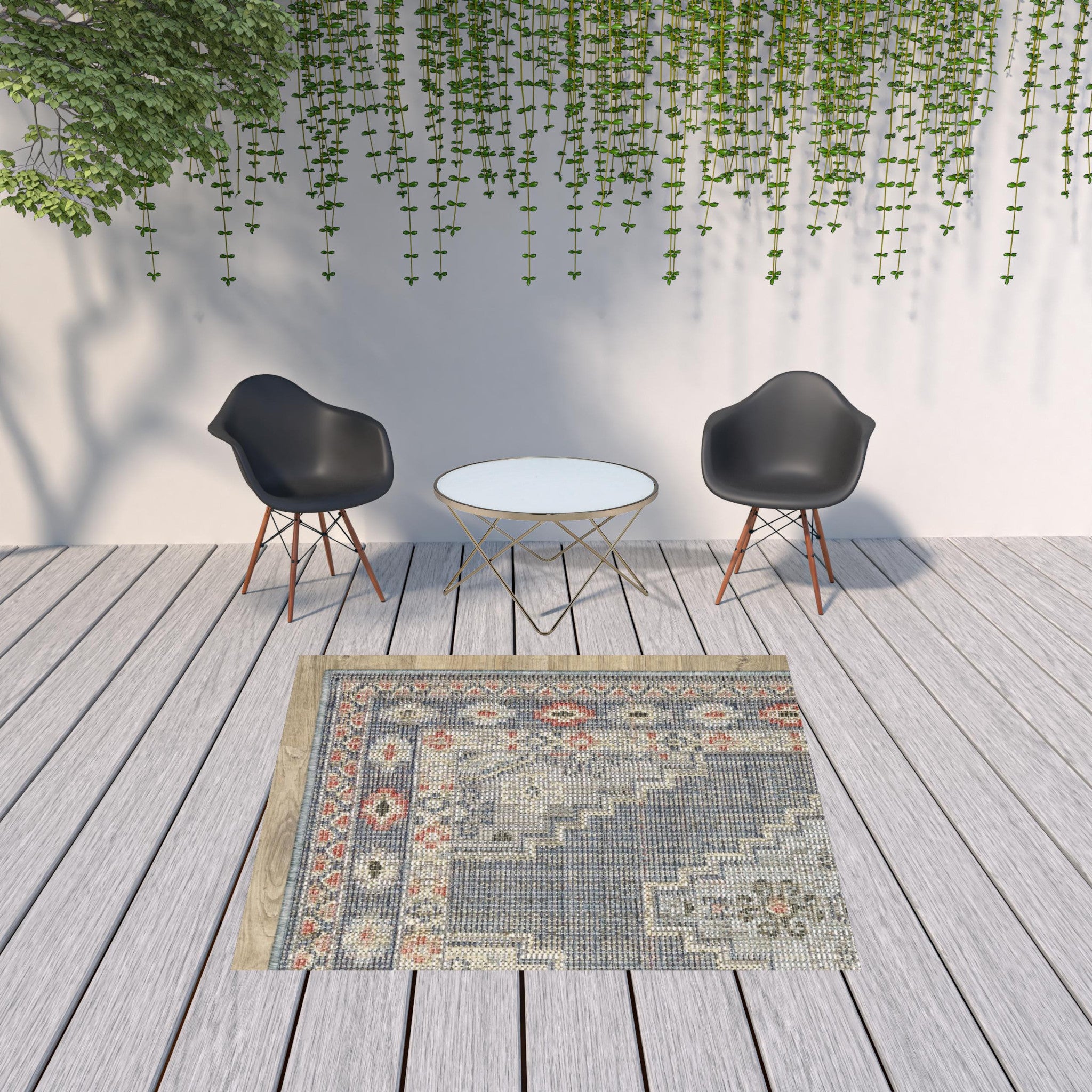 5' x 7' Blue Oriental Stain Resistant Indoor Outdoor Area Rug