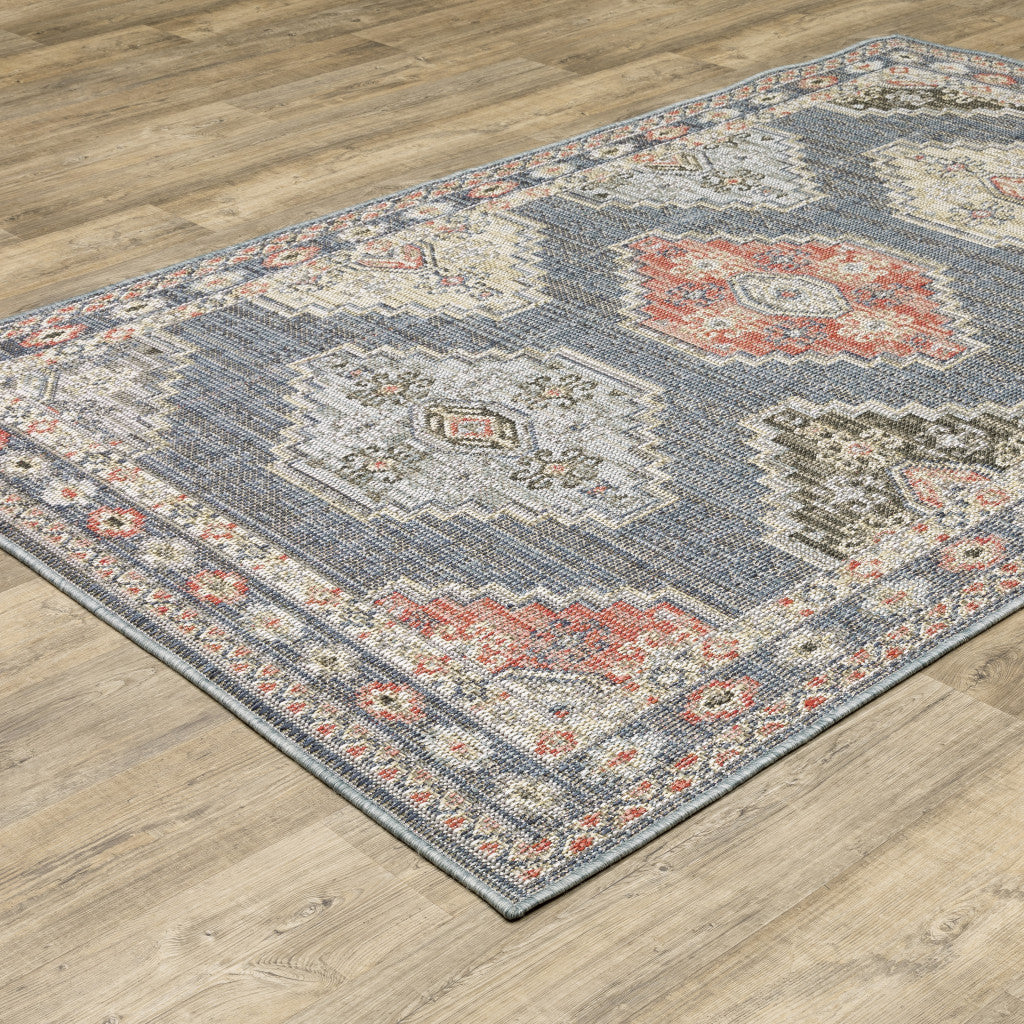 5' x 7' Blue Oriental Stain Resistant Indoor Outdoor Area Rug