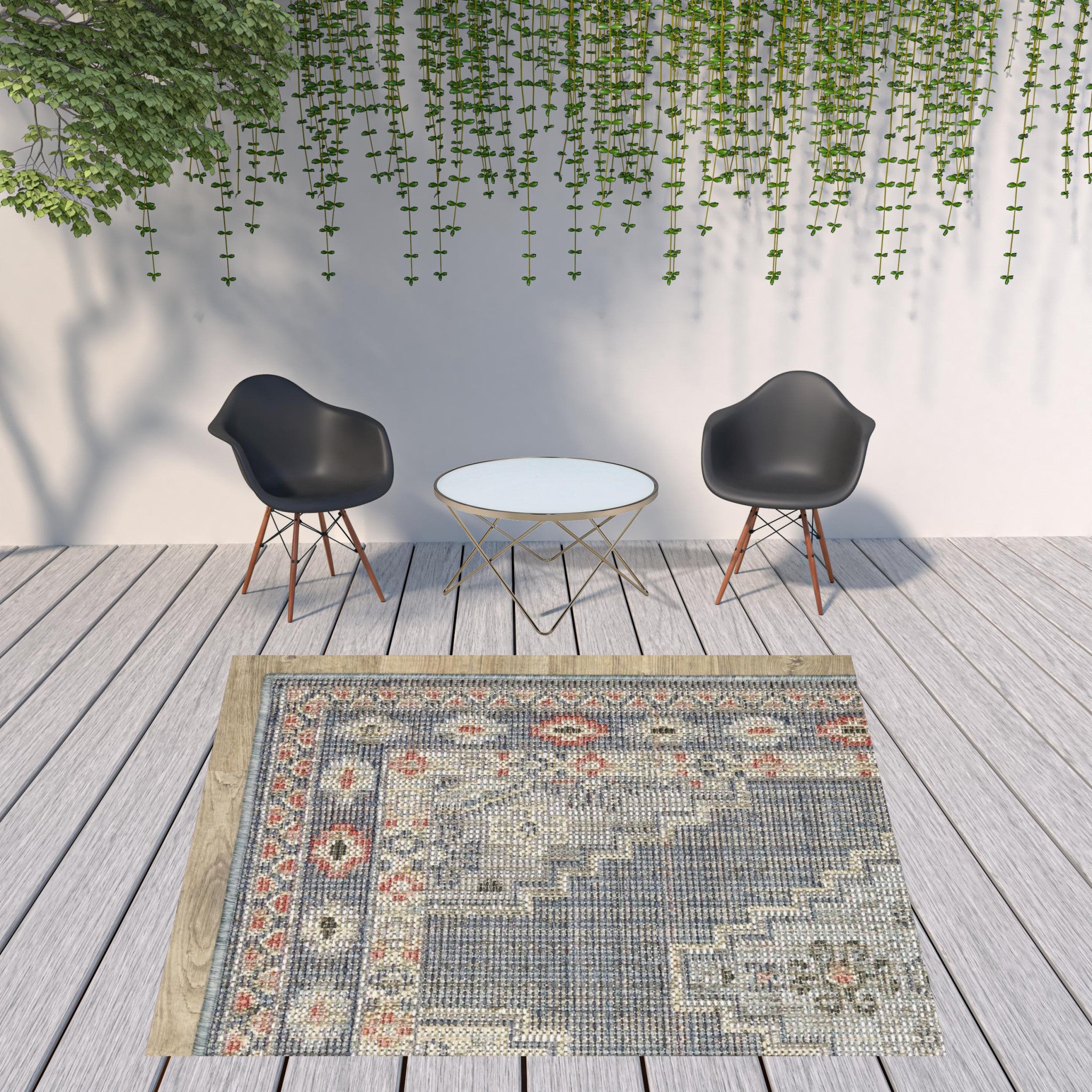 7' x 9' Blue Oriental Stain Resistant Indoor Outdoor Area Rug