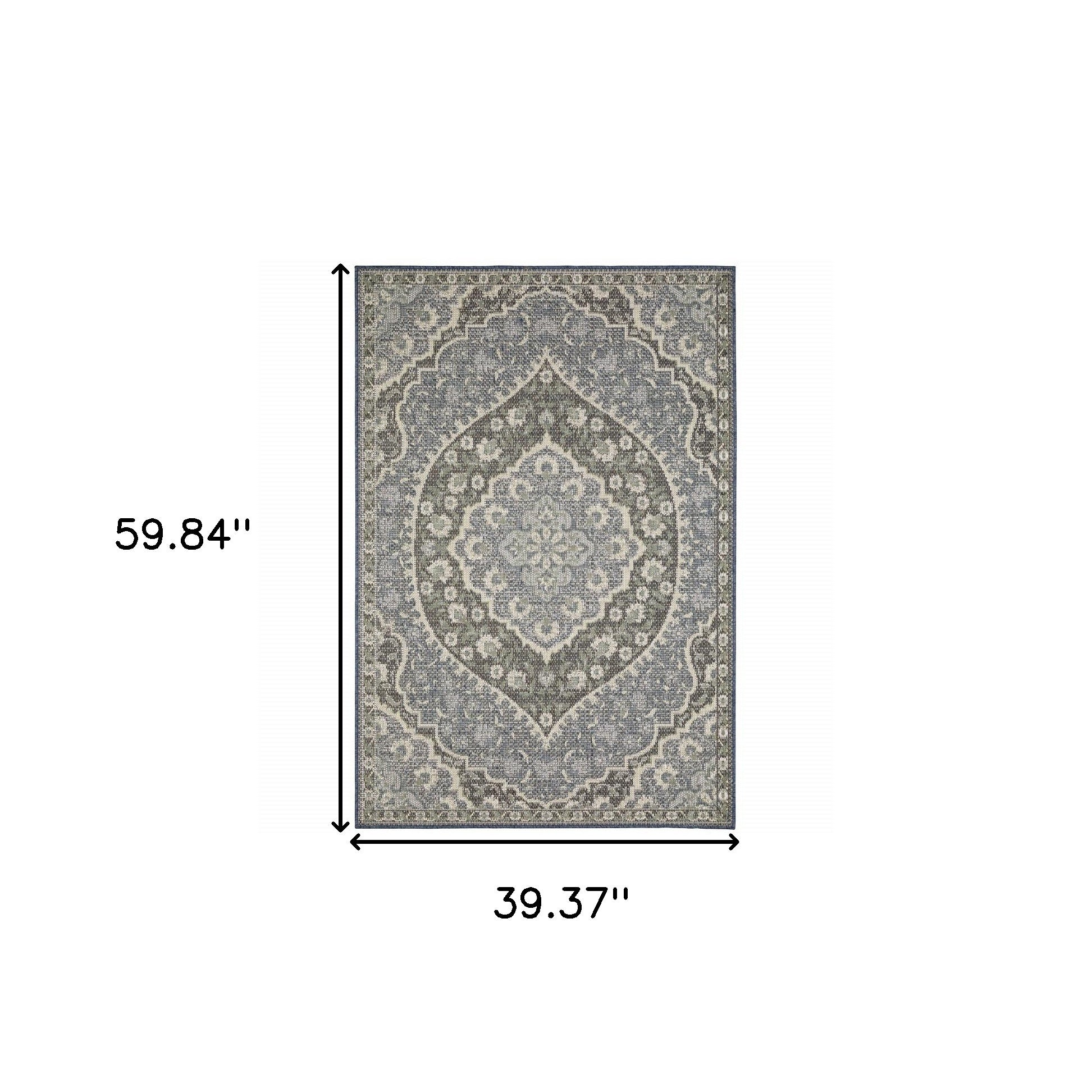 3' X 5' Blue and Green Oriental Stain Resistant Indoor Outdoor Area Rug