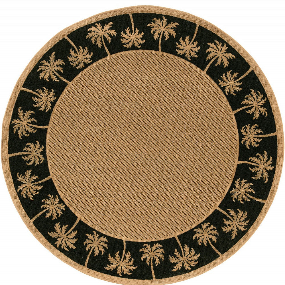 8' x 8' Beige and Black Round Stain Resistant Indoor Outdoor Area Rug