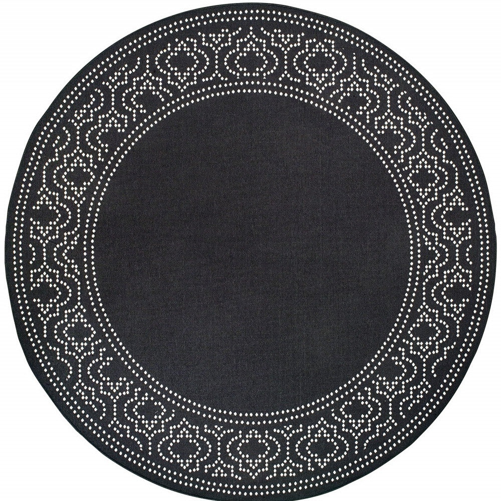 8' x 8' Black and Ivory Round Stain Resistant Indoor Outdoor Area Rug