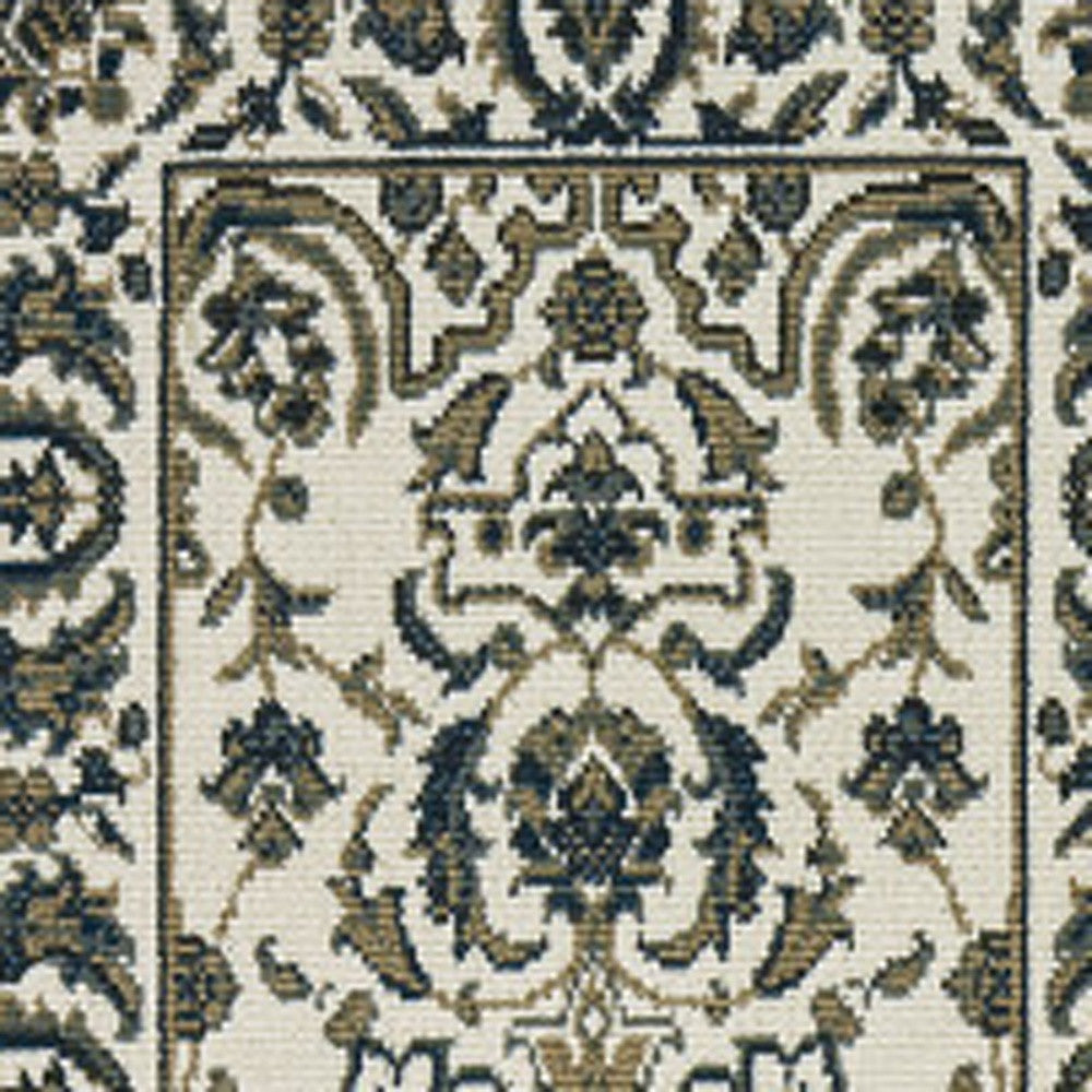 2' X 8' Ivory and Blue Oriental Stain Resistant Indoor Outdoor Area Rug