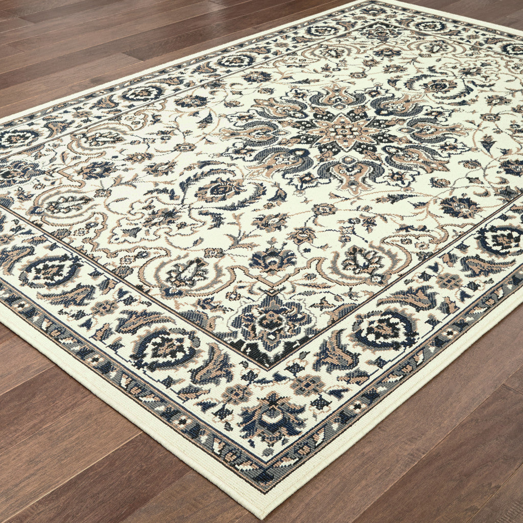 8' x 11' Ivory and Blue Oriental Stain Resistant Indoor Outdoor Area Rug